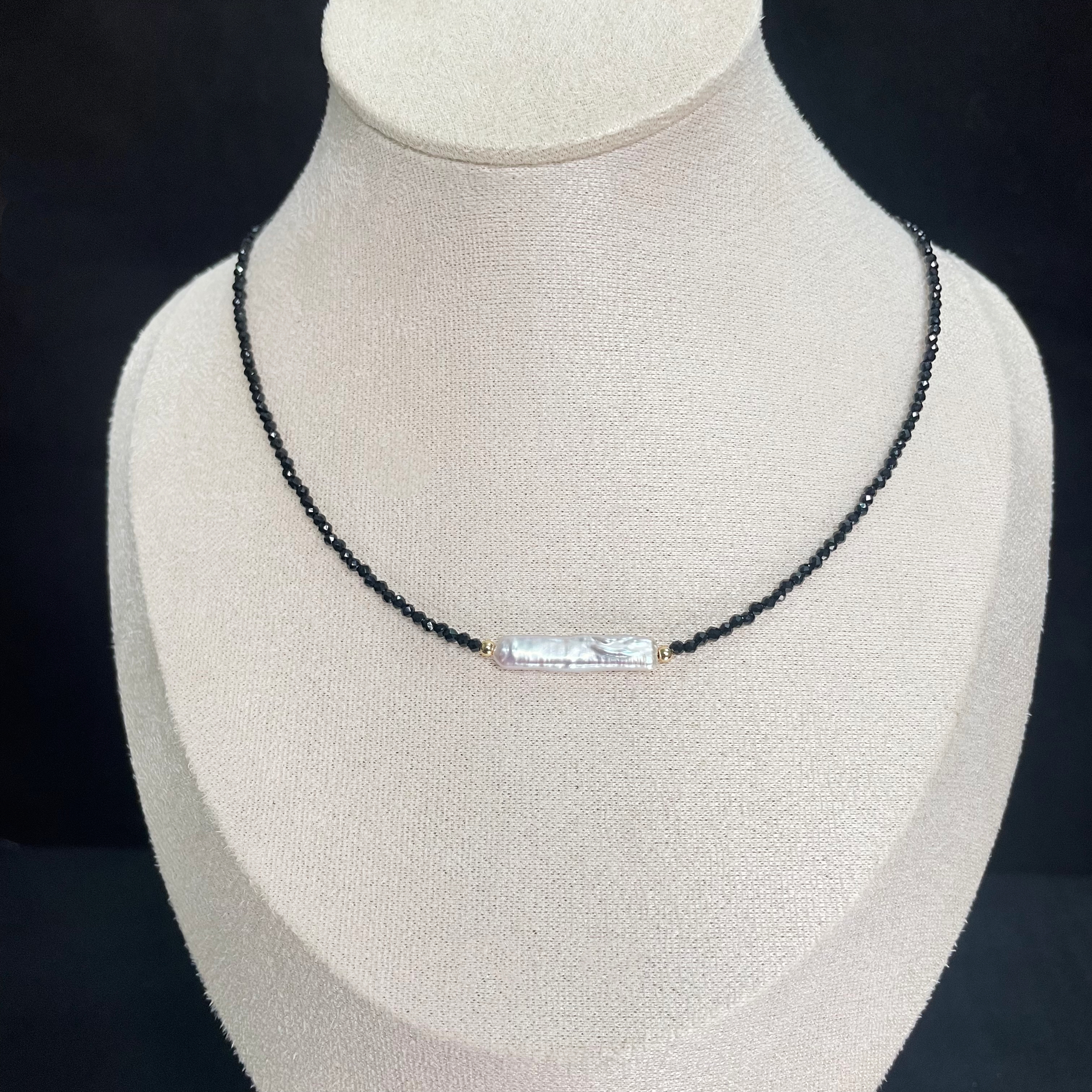 Black Spinel Necklace with Baroque Pearl Bar