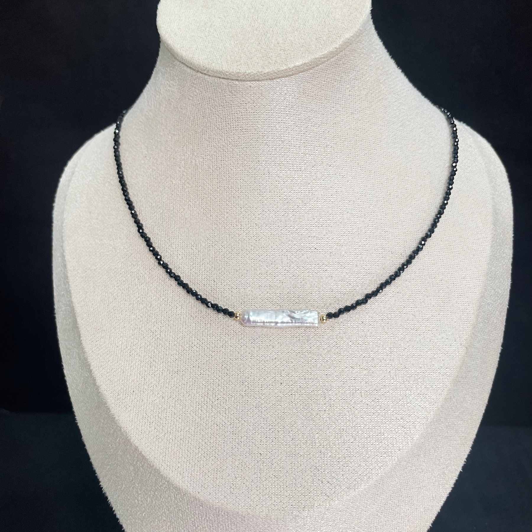 Black Spinel Necklace with Baroque Pearl Bar