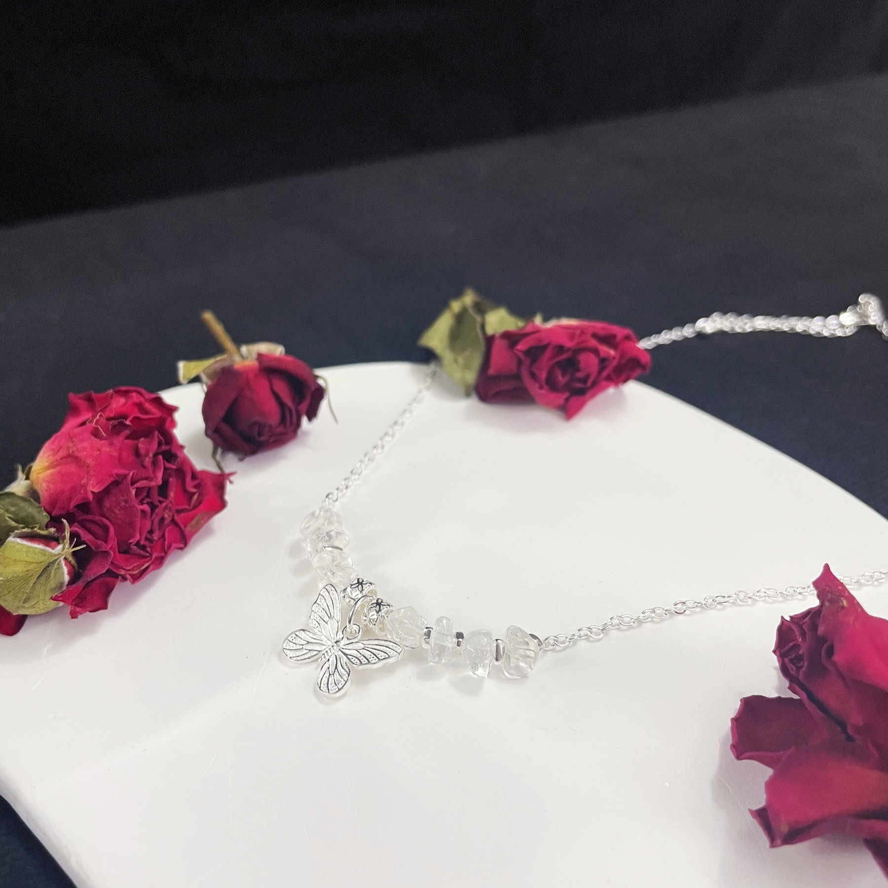Silver Butterfly Necklace Clear Quartz Necklace