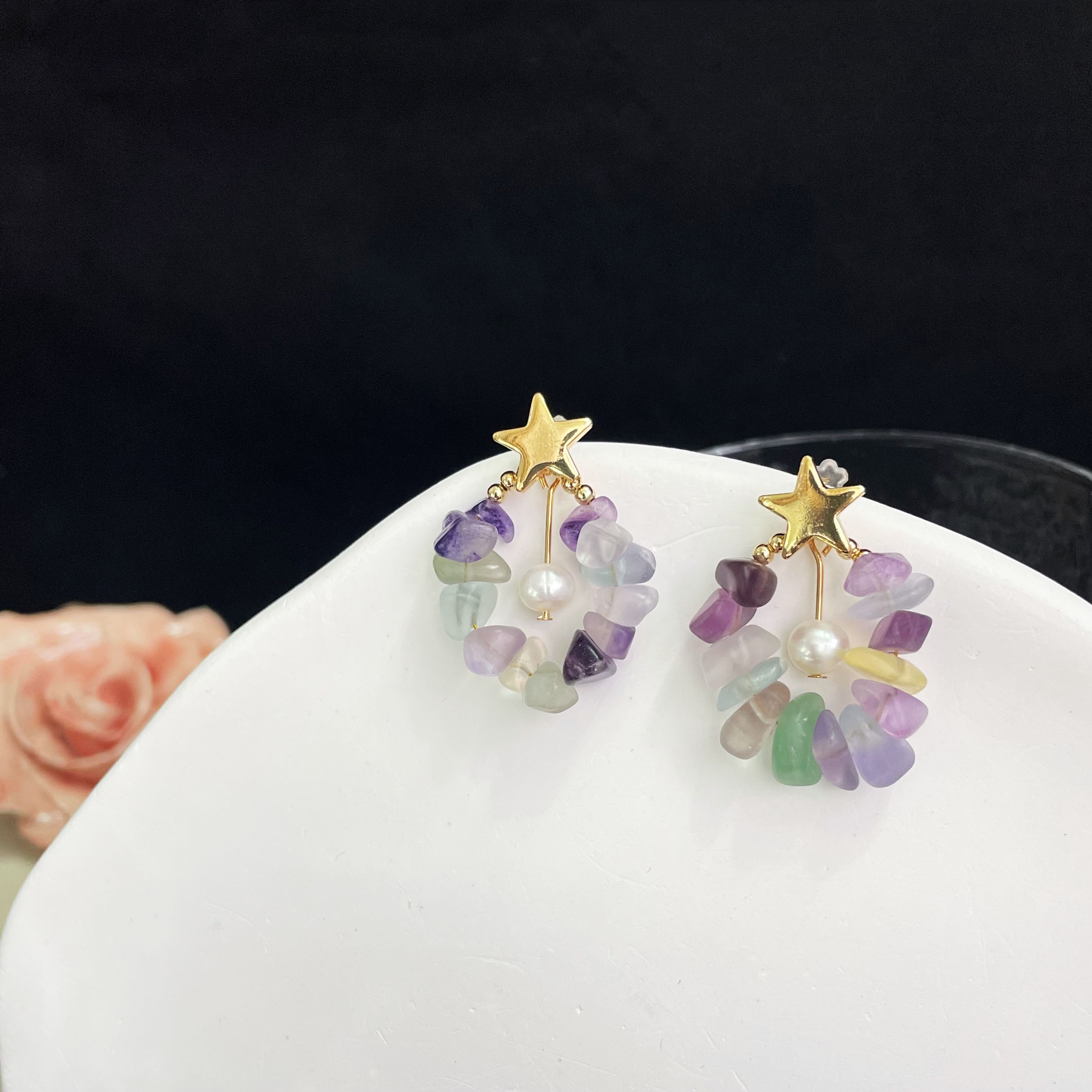 Fluorite with Pearl and Star Earrings 