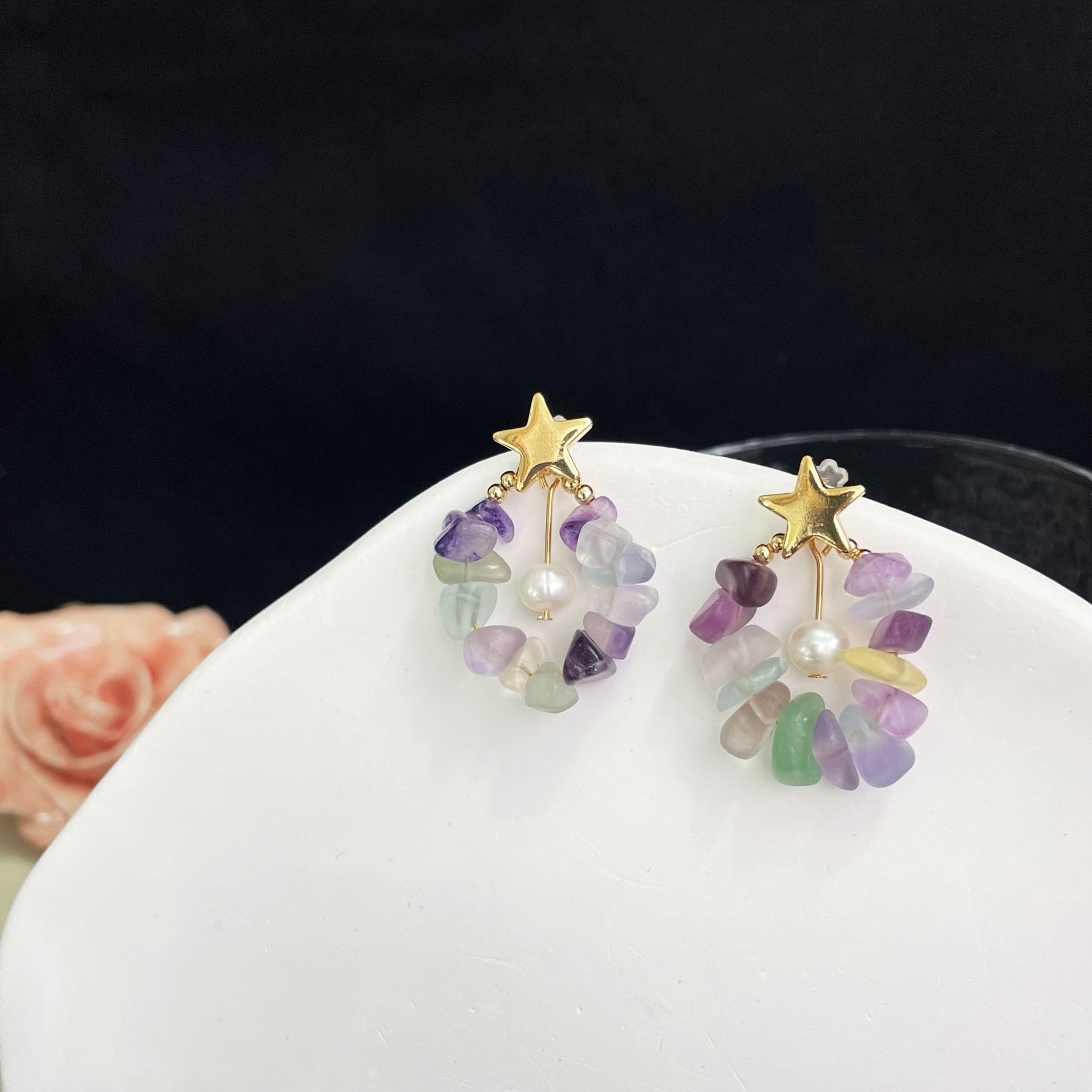 Fluorite with Pearl and Star Earrings 