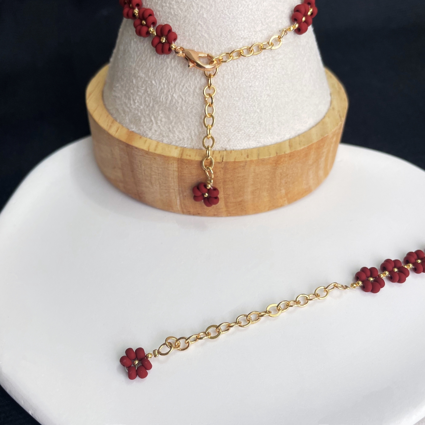 Red Velvety Beads Flowers Bracelet