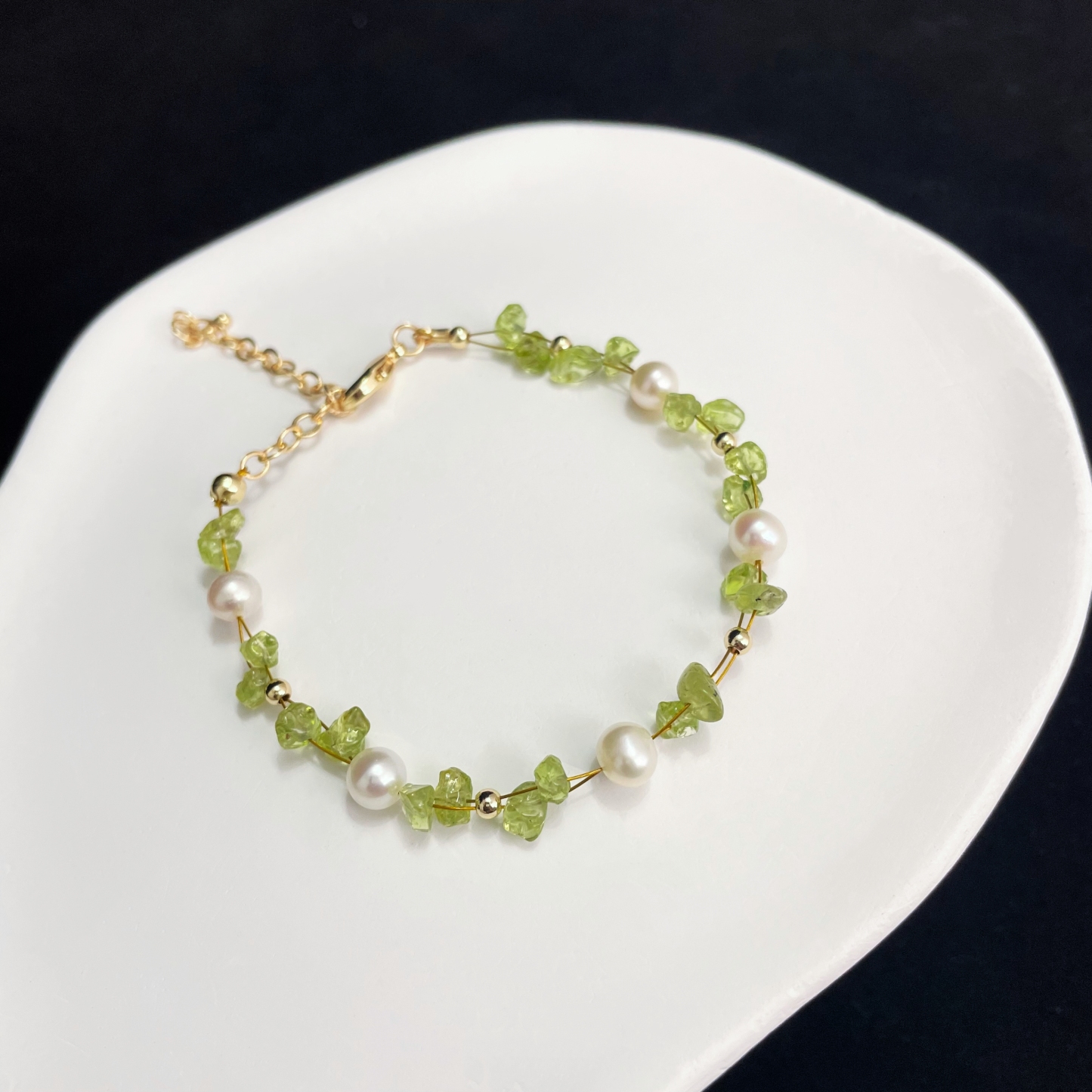 Woven Peridot Raw Stones and Freshwater Pearls Bracelet Spring Breeze