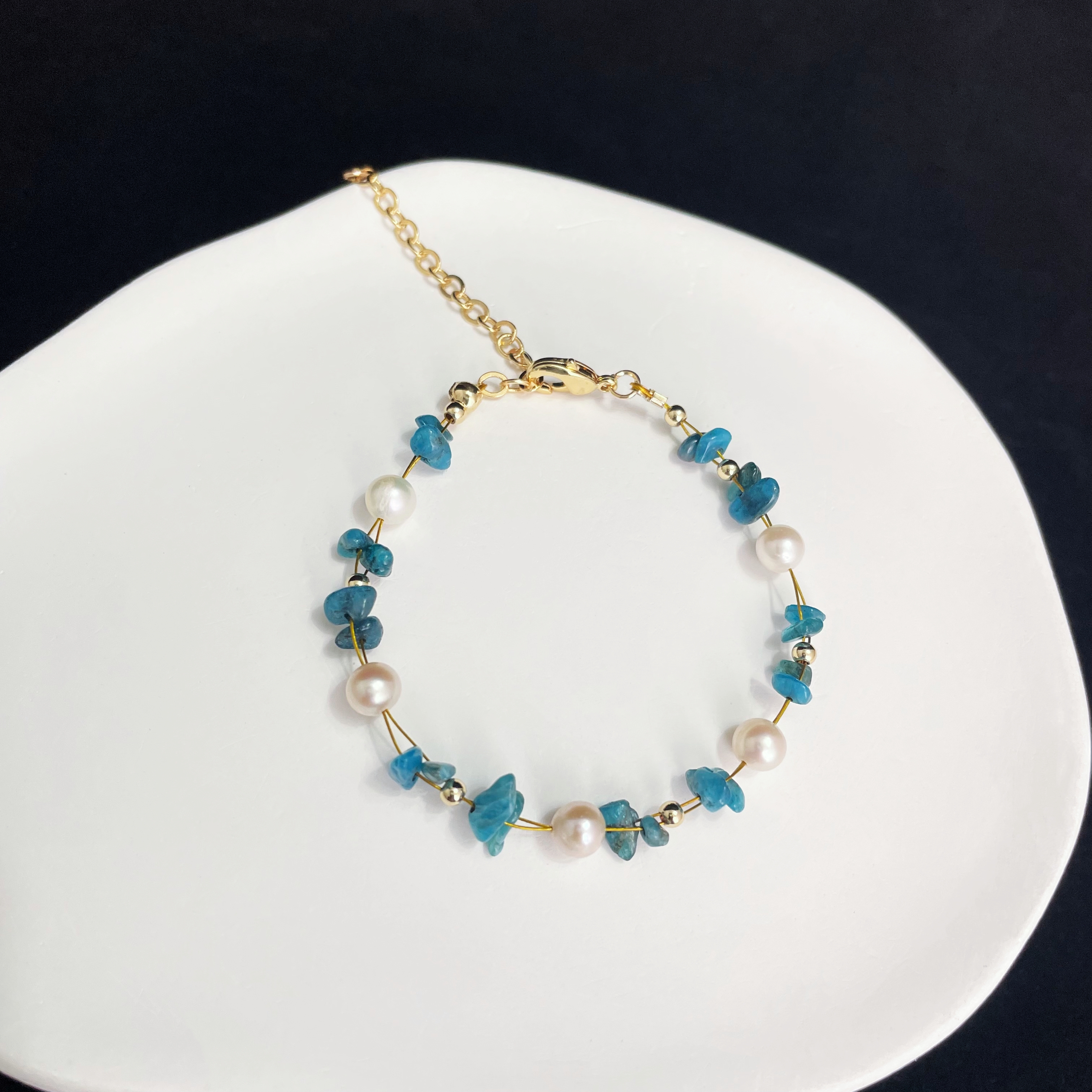  Woven Blue Apatite Raw Stone and Pearls Bracelet