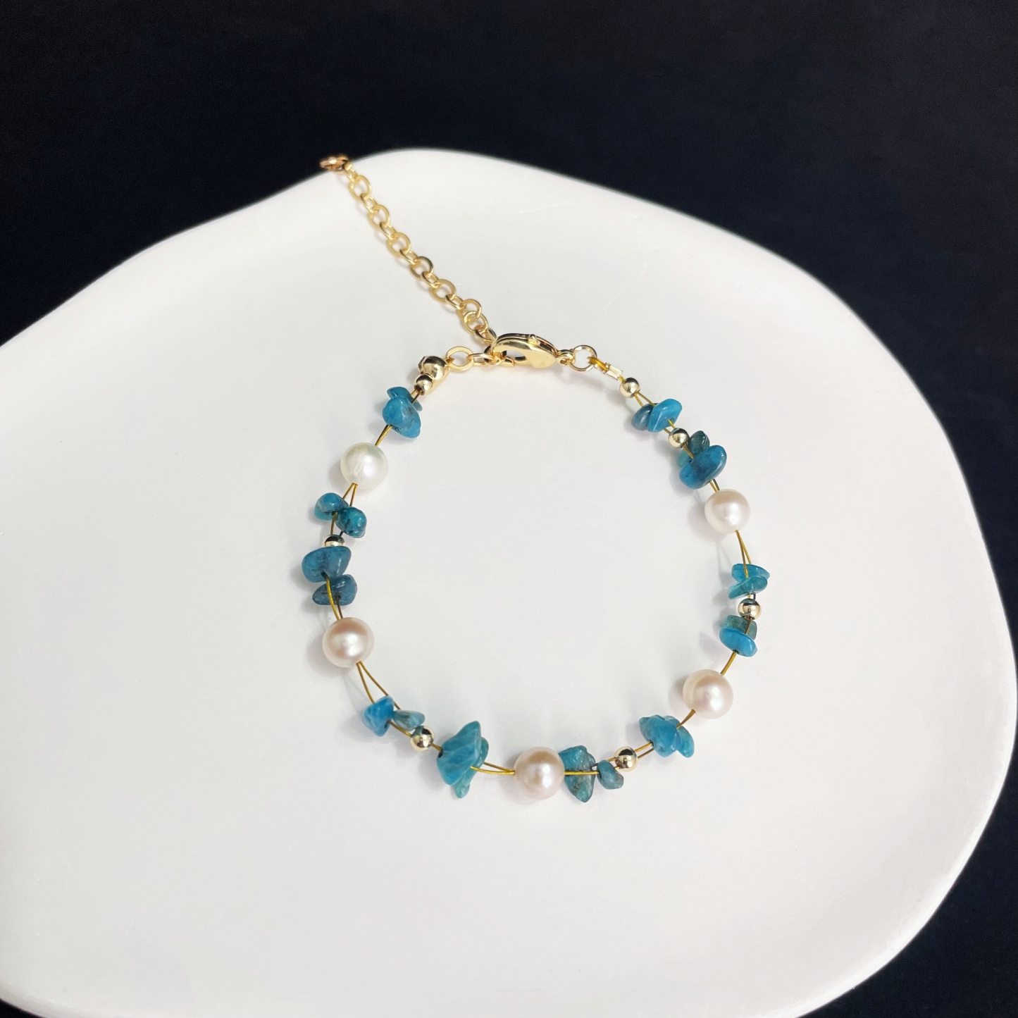  Woven Blue Apatite Raw Stone and Pearls Bracelet