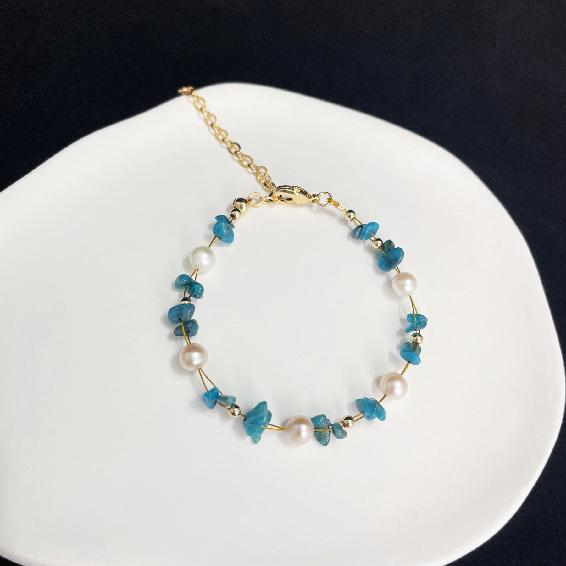  Woven Blue Apatite Raw Stone and Pearls Bracelet