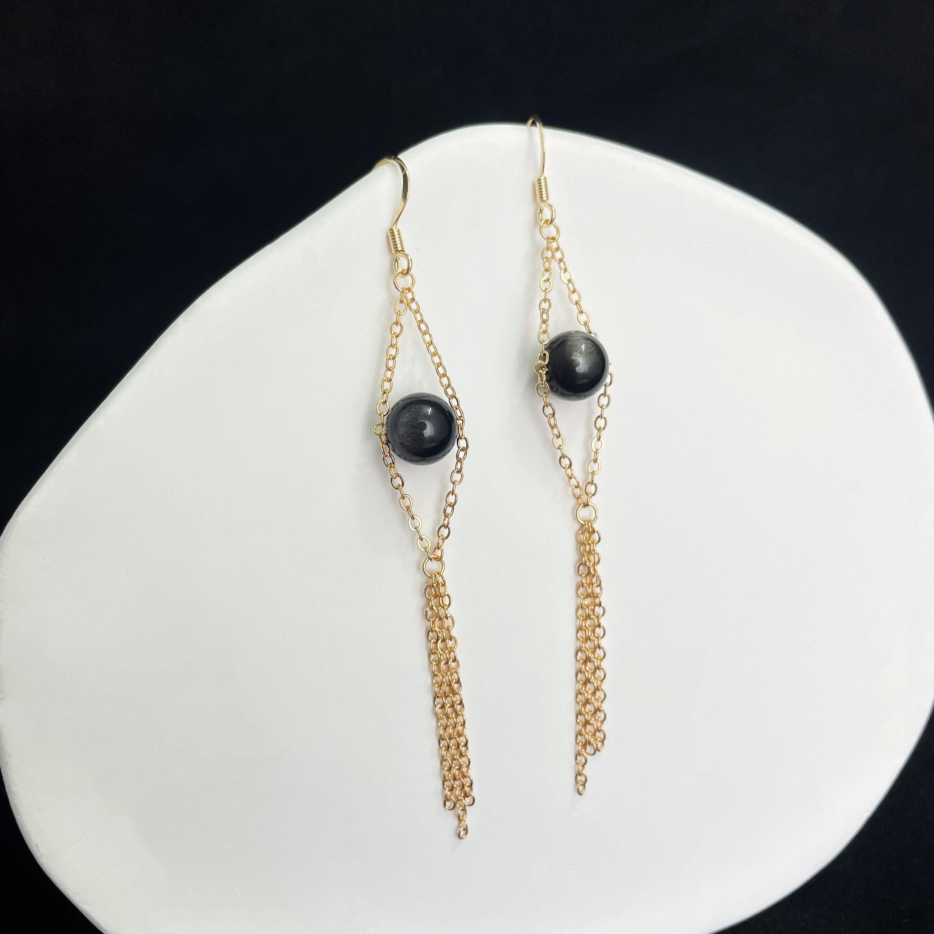 Silver Obsidian Eyes Long Earrings