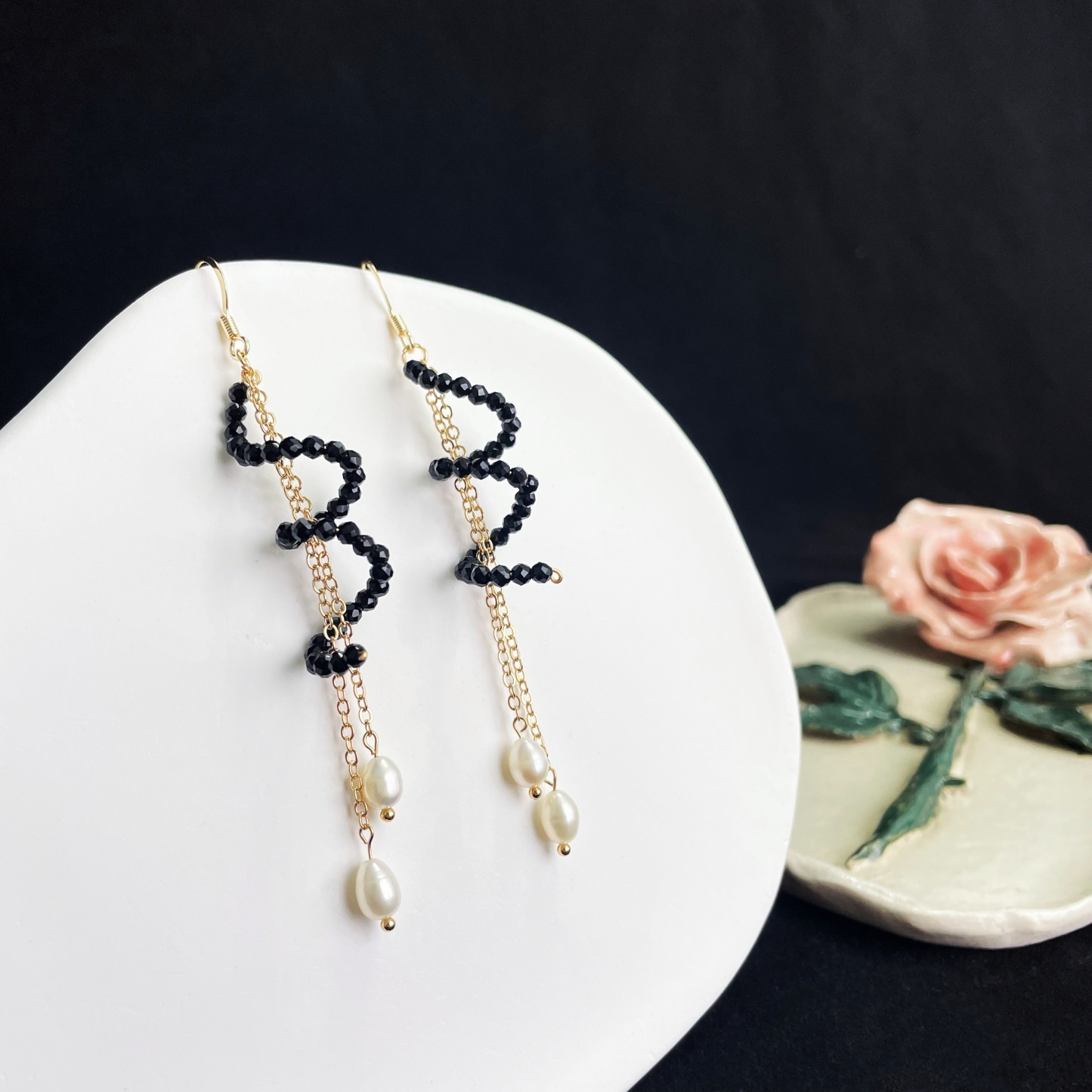 Mystical Black Spinel Spiral Long Earrings