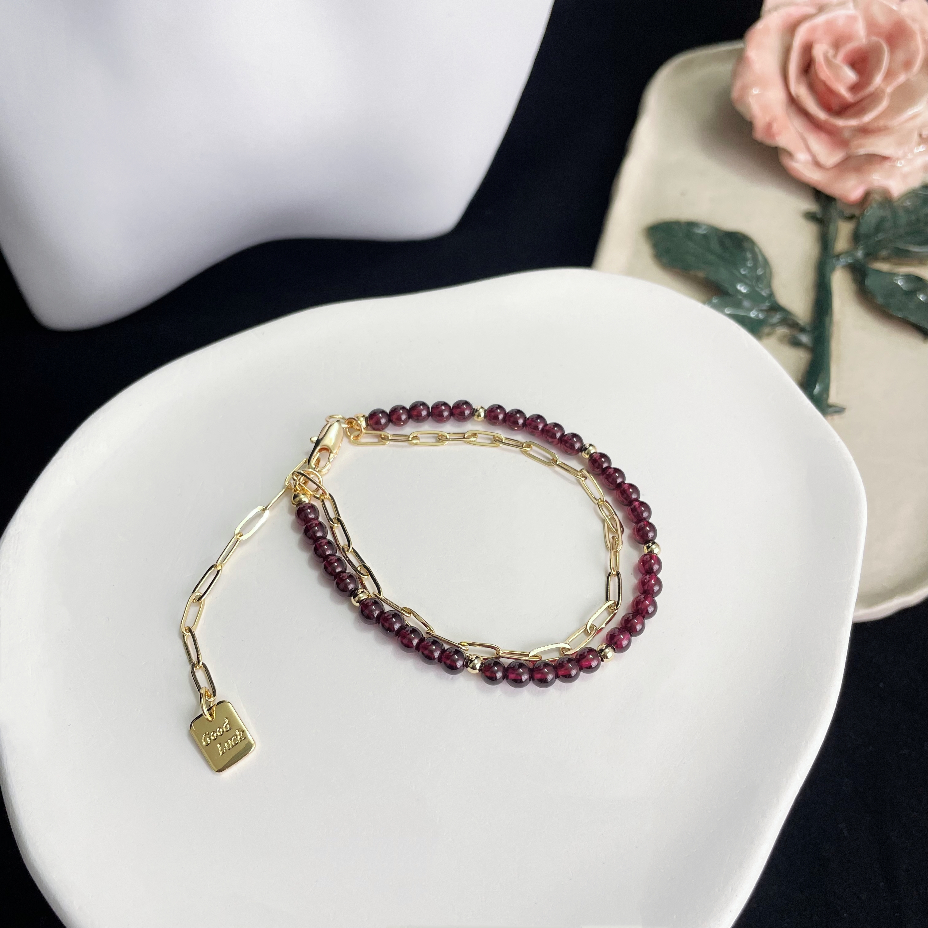 Dual-Layered Garnet and Rectangle Chain Bracelet