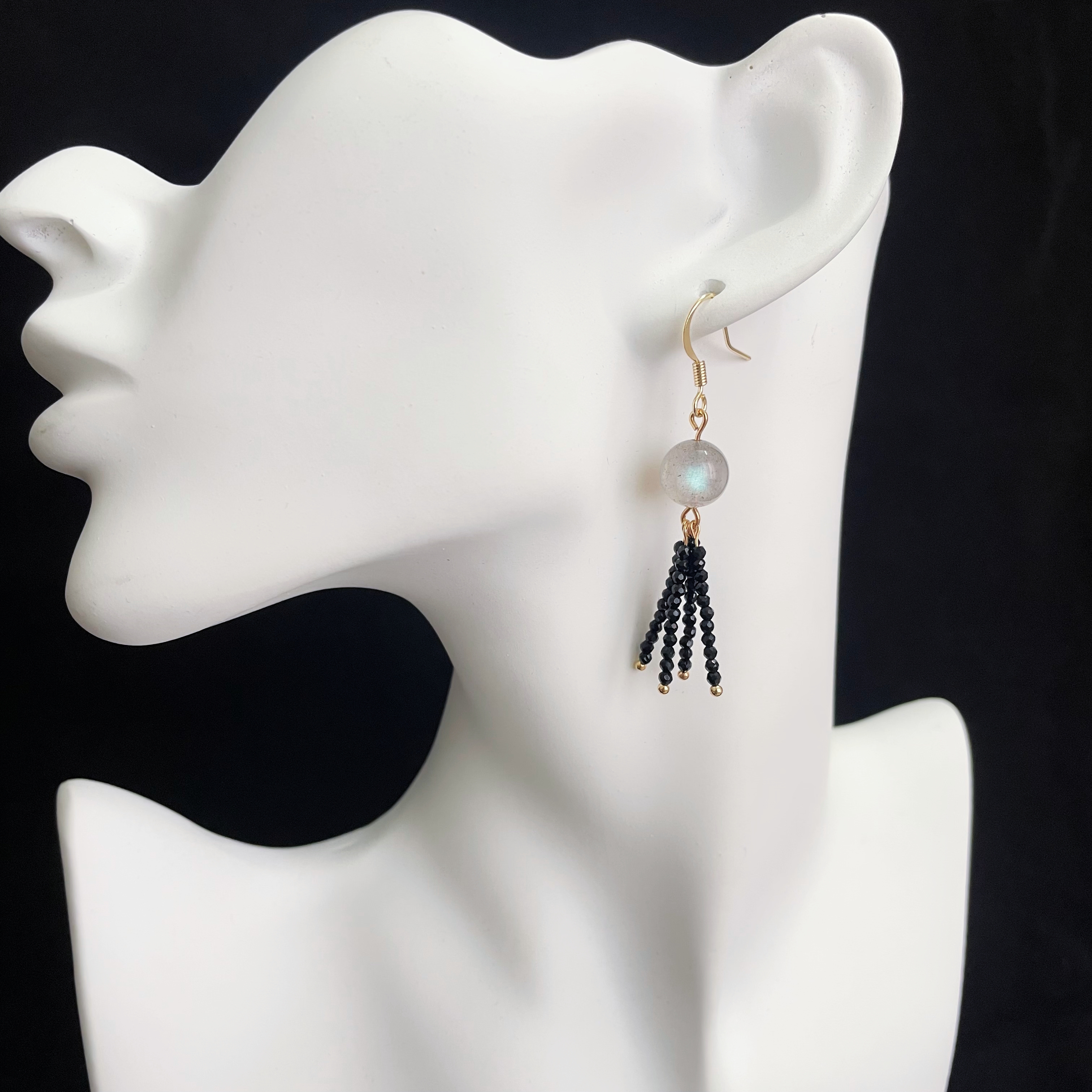 Radiant Labradorite Earrings with Black Spinel Tassels