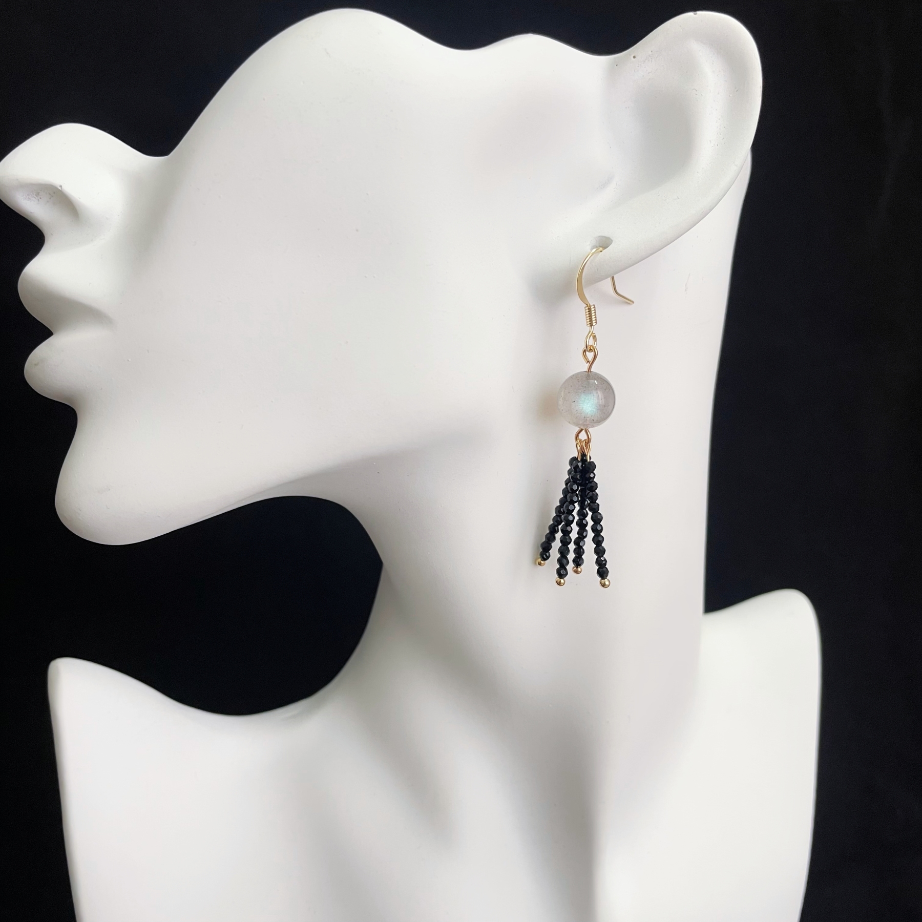 Radiant Labradorite Earrings with Black Spinel Tassels