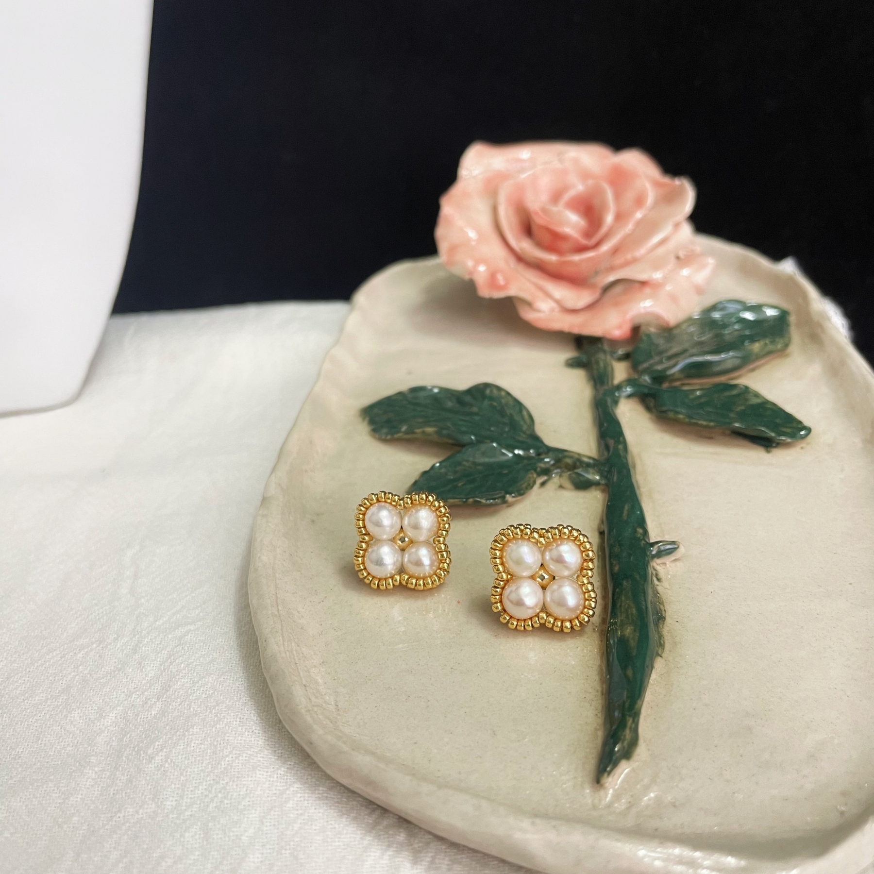 Freshwater Pearls Lucky Four-Leaf Clover Earring Studs