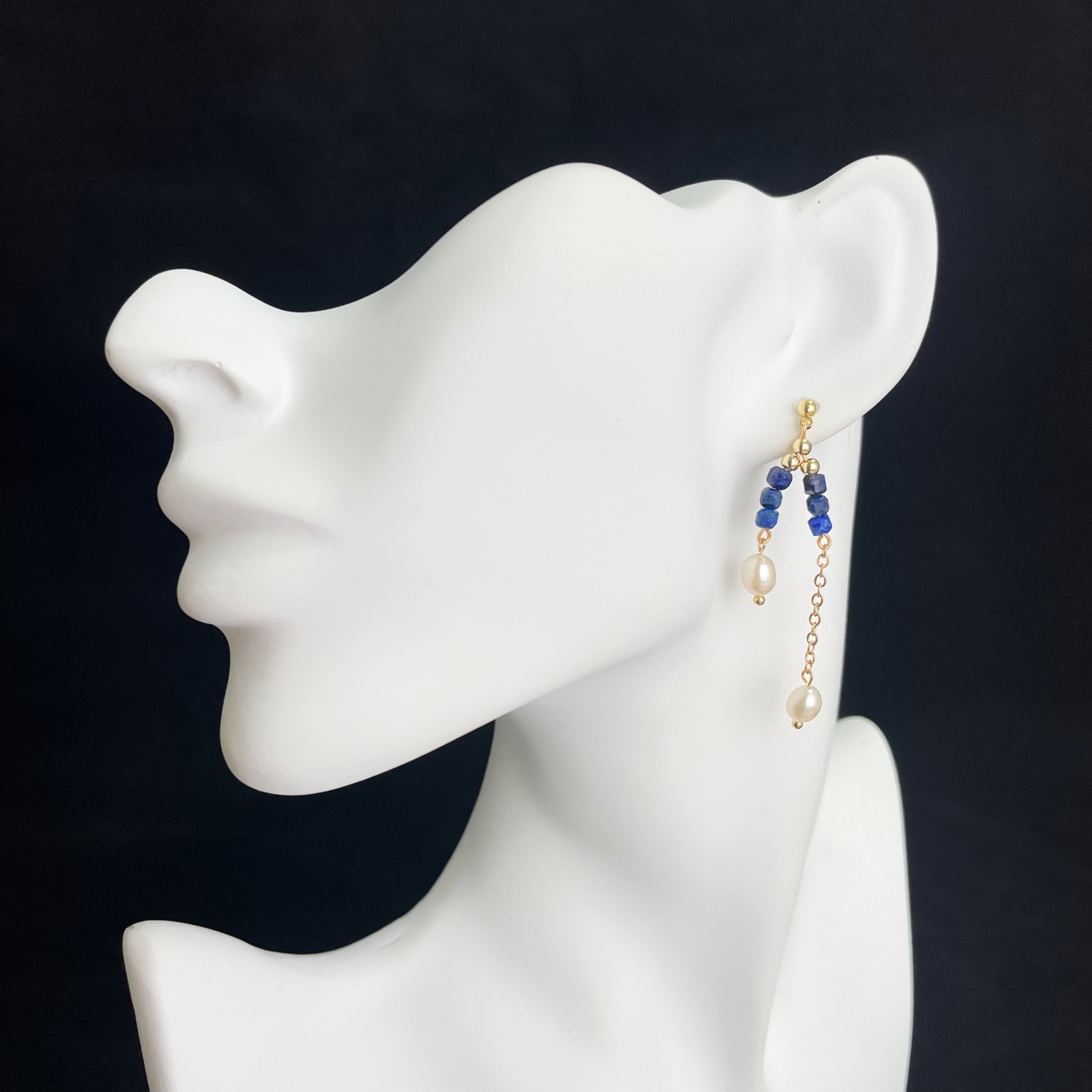 Lapis Lazuli and Freshwater Pearl asymmetric Drop Earrings