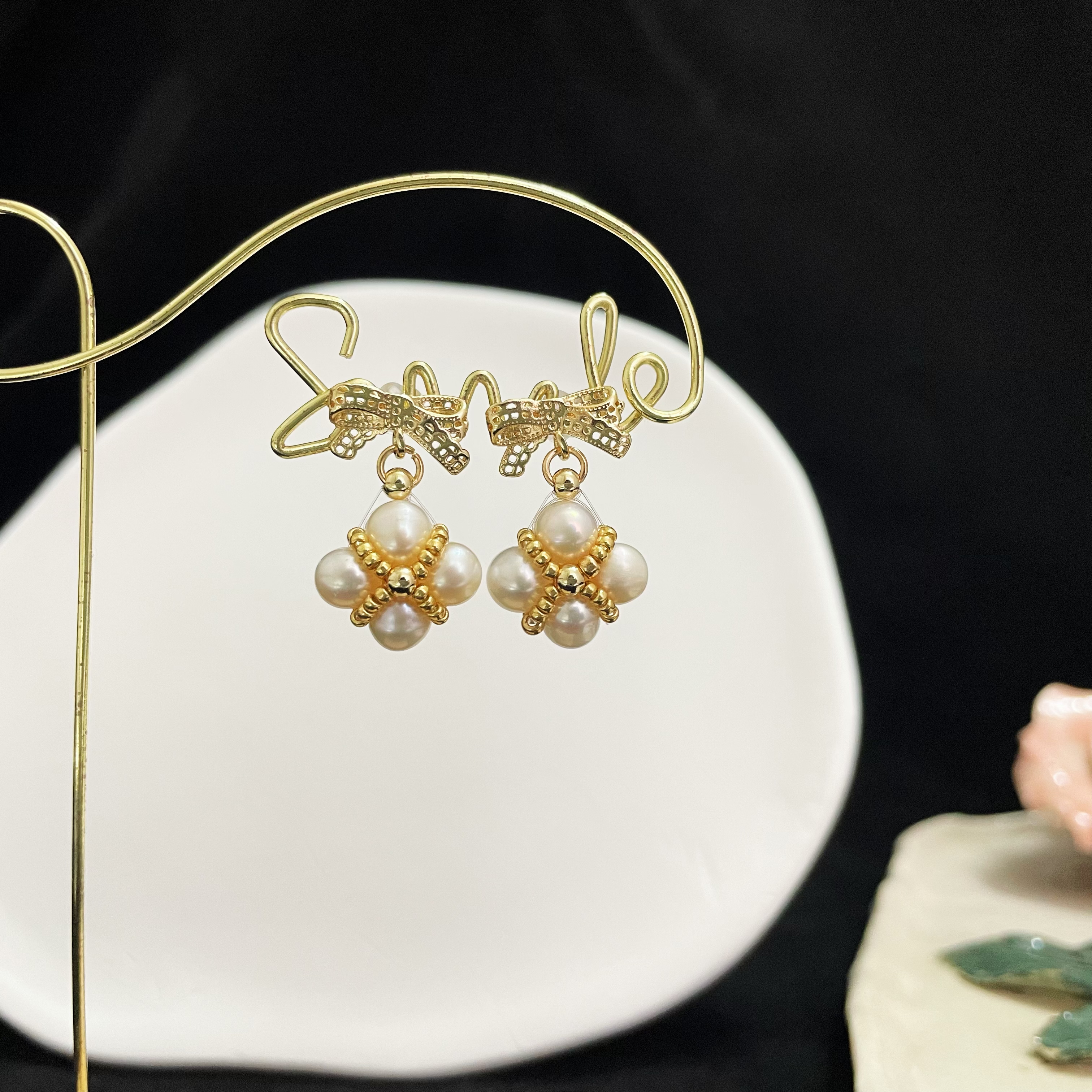 Bow Ear Studs with Freshwater Pearl Four-Leaf Clover Dangles