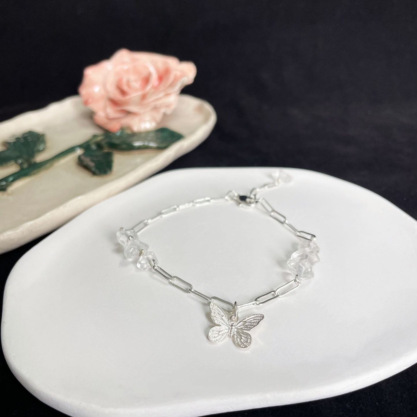 Clear Quartz Silver Butterfly Bracelet