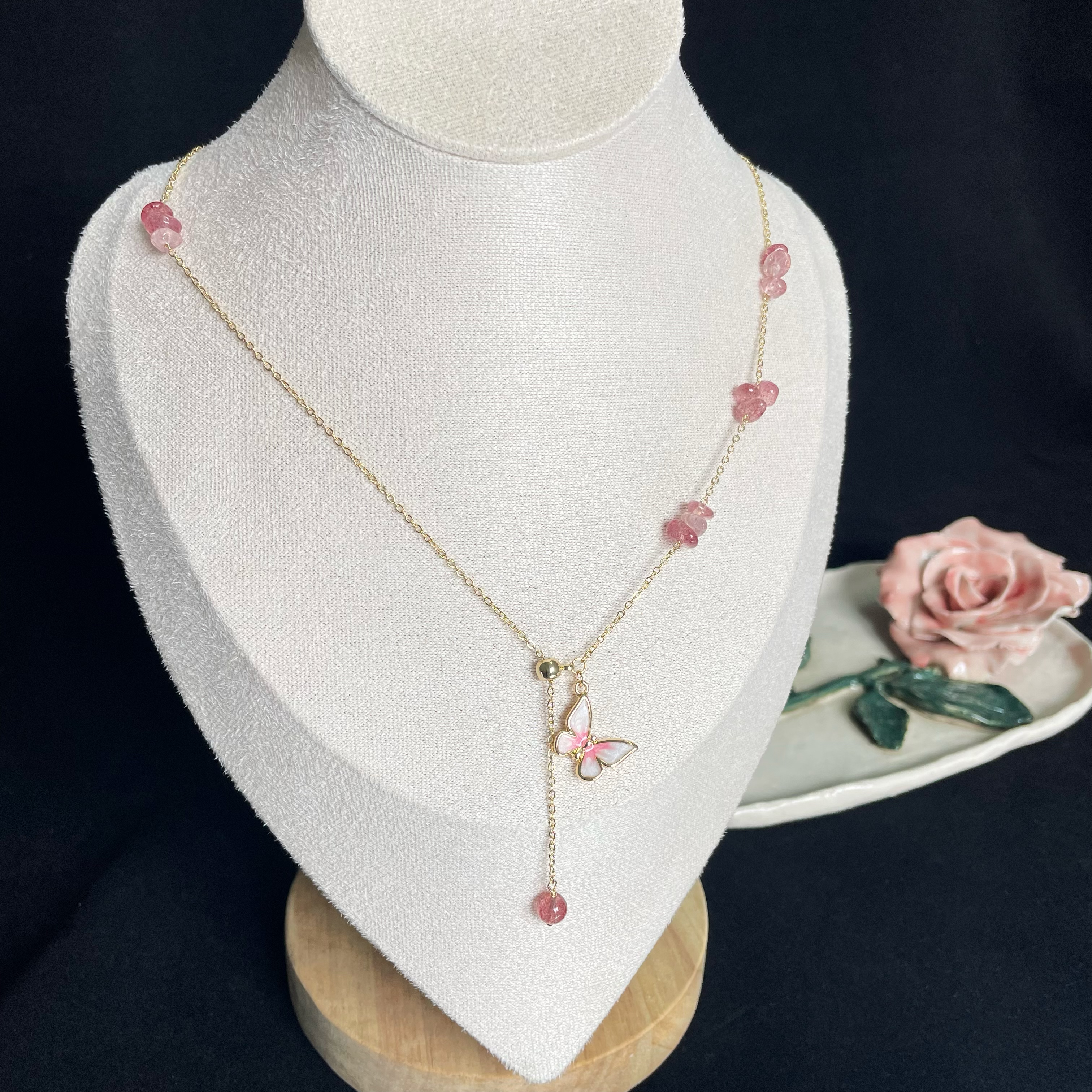 Pink Butterfly Strawberry Quartz Necklace