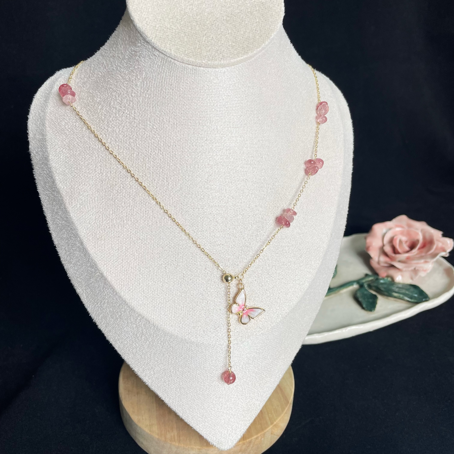 Pink Butterfly Strawberry Quartz Necklace