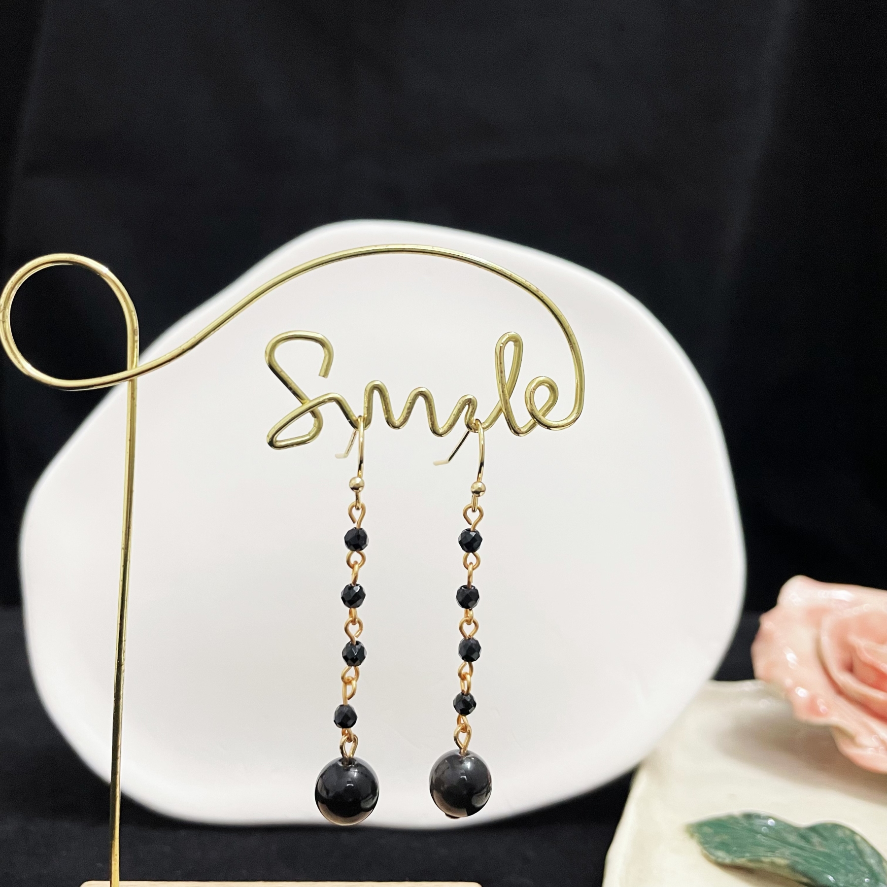 Elegant Black Spinel Chain Earrings with Silver Obsidian