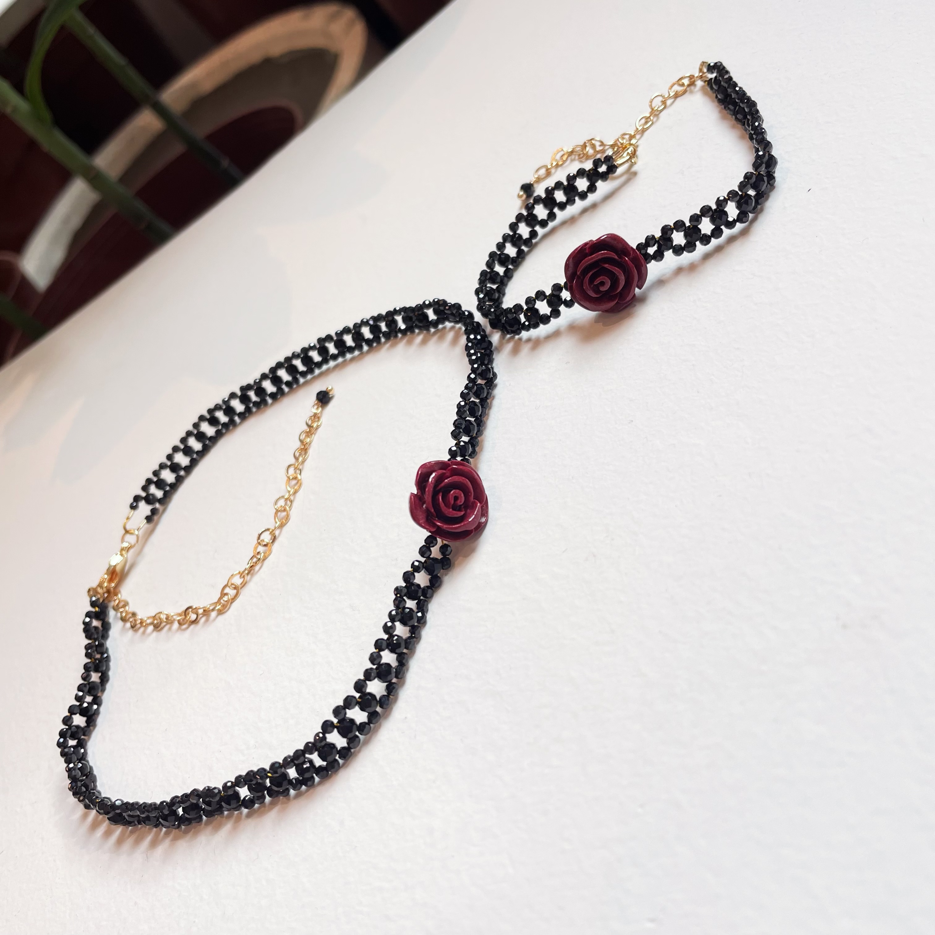 Vermilion Stone Carved Rose Choker with Woven Black Spinels Lace