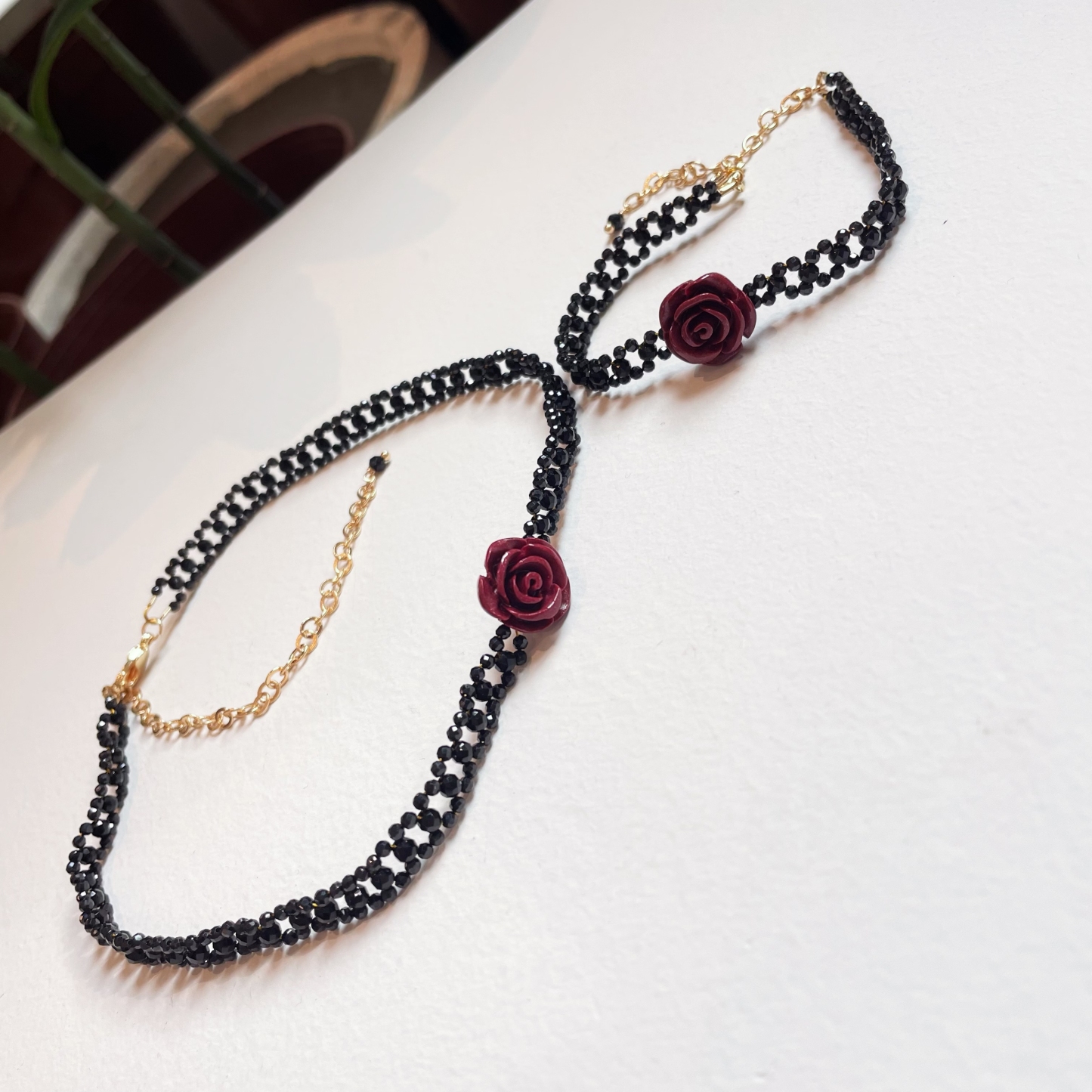Vermilion Stone Carved Rose Choker with Woven Black Spinels Lace
