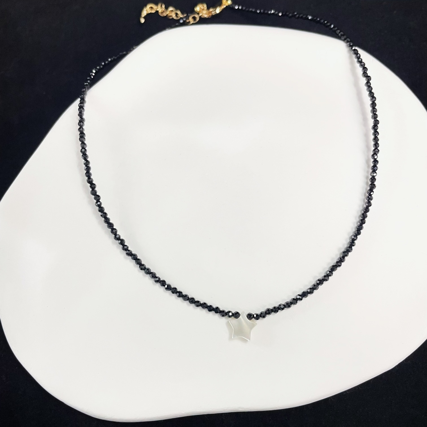 Black Spinel Mini Faceted Beads with Shell Star Necklace