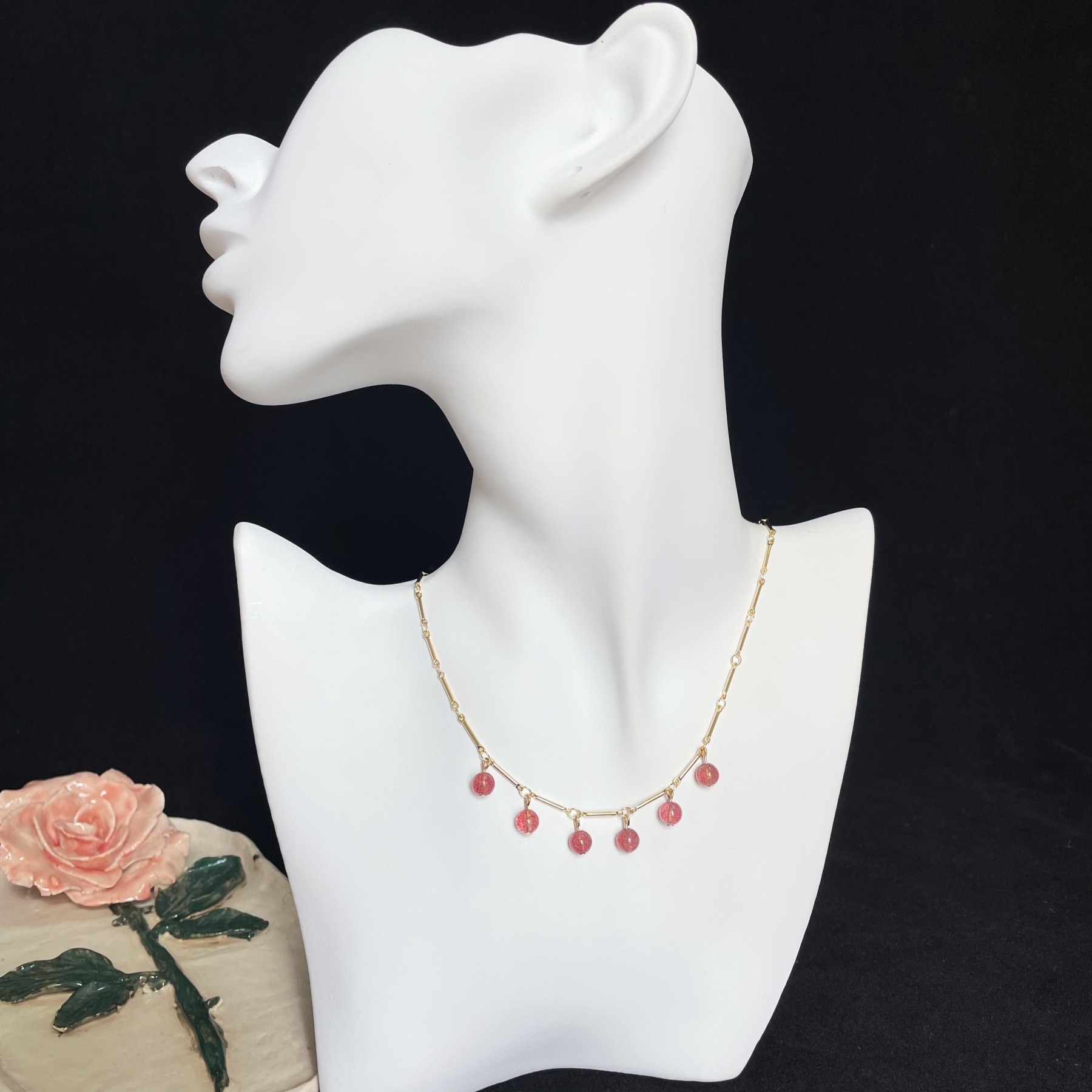 Bamboo Chain Hanging with Six Strawberry Quartz Round Beads Necklace