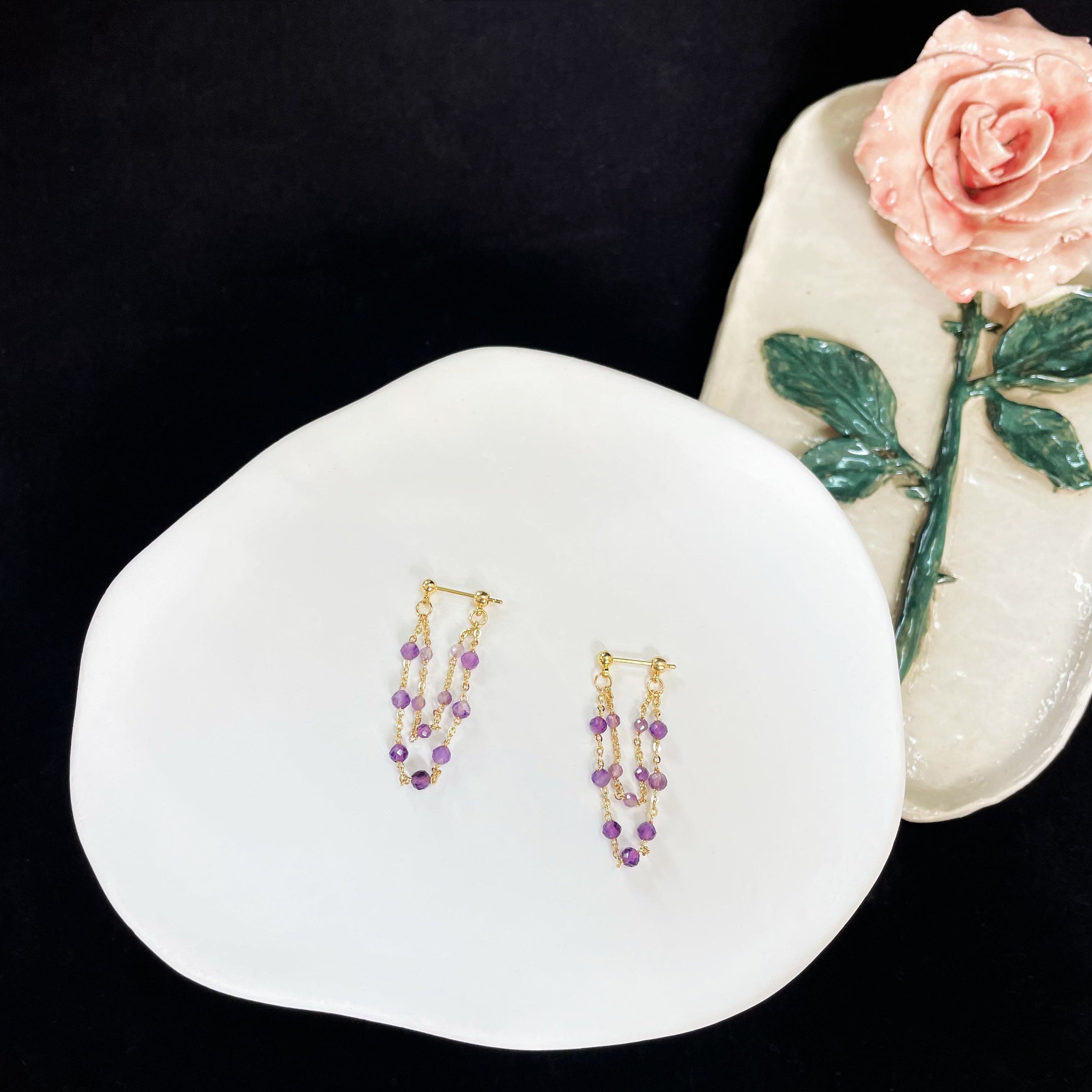 Double Amethyst Chains Semi-Hook Earrings