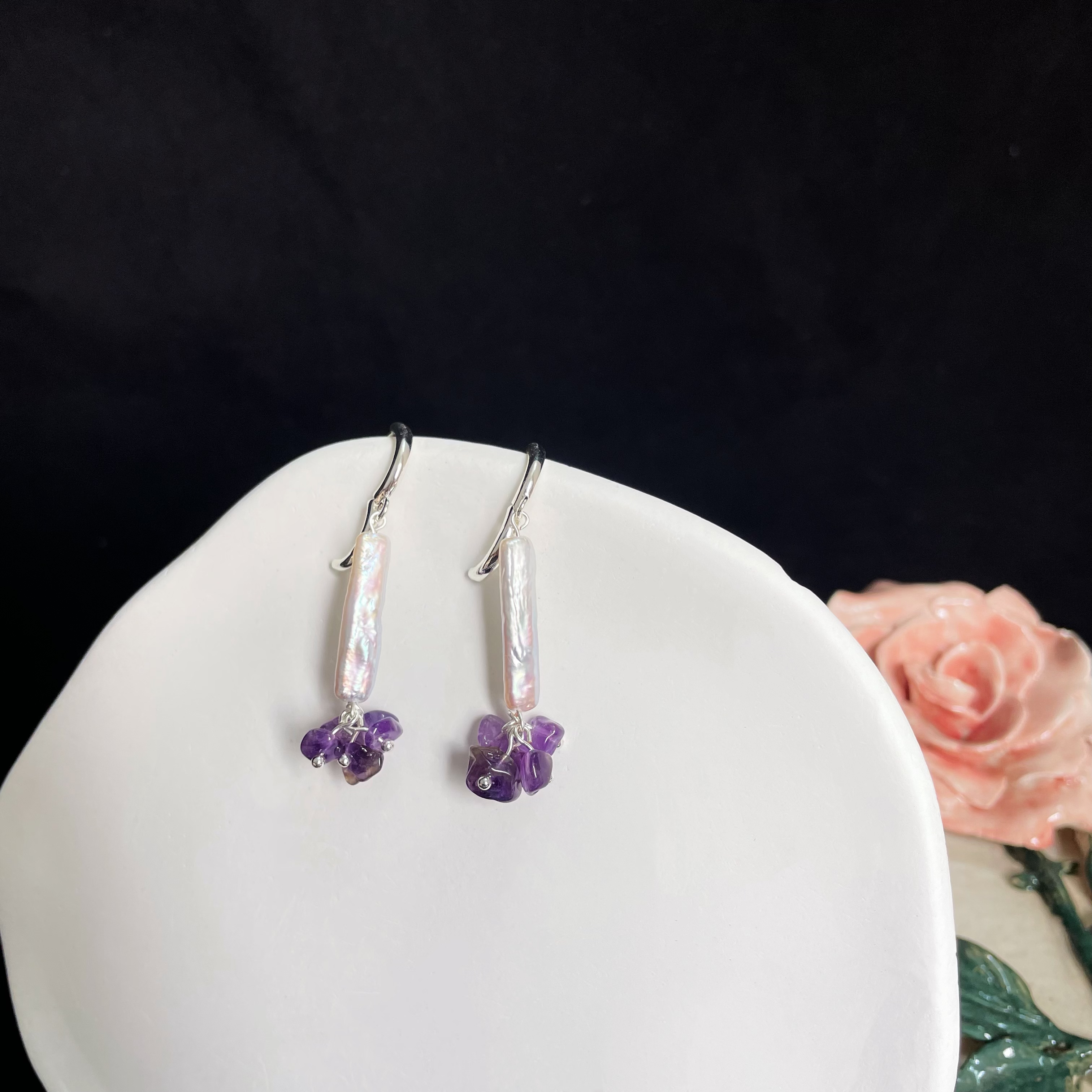Amethyst Raw Stone Flower with Baroque Pearl Earrings