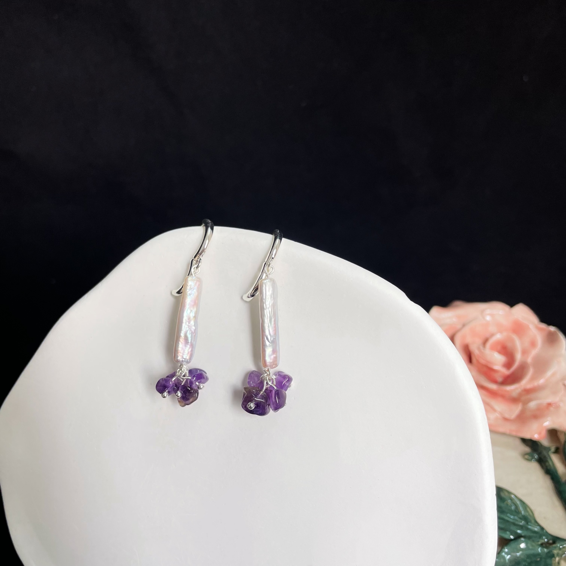 Amethyst Raw Stone Flower with Baroque Pearl Earrings