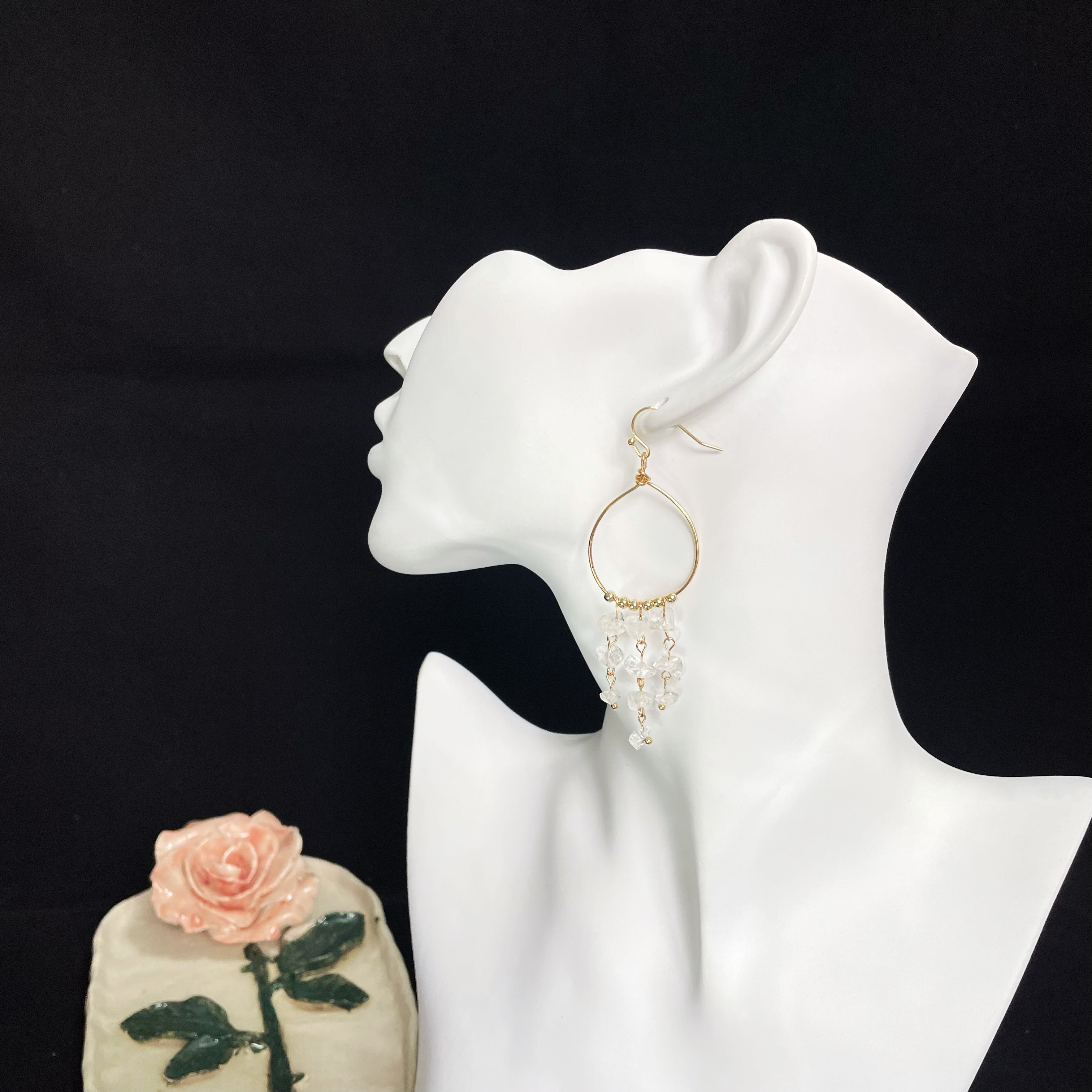 Raindrop Circle Clear Quartz Tassel Earrings
