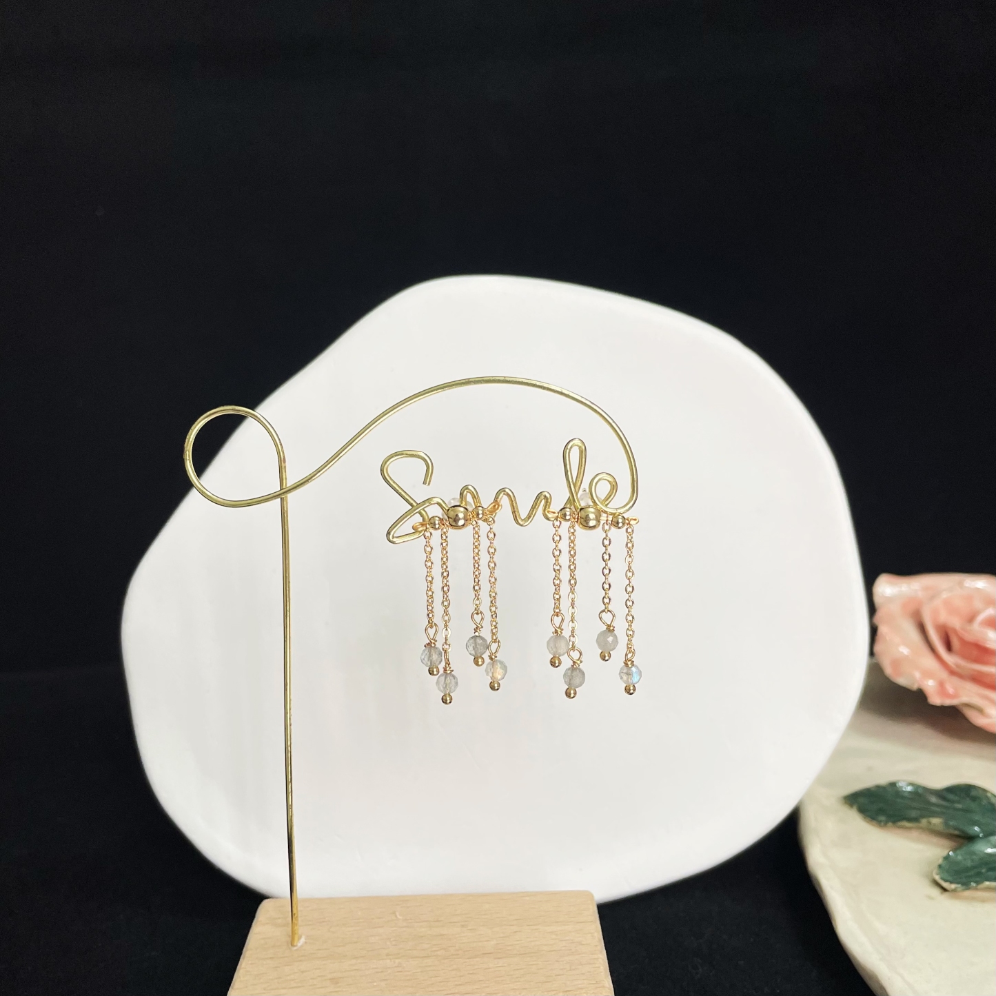 Cross-Bar with Labradorite Chain Tassels Earrings