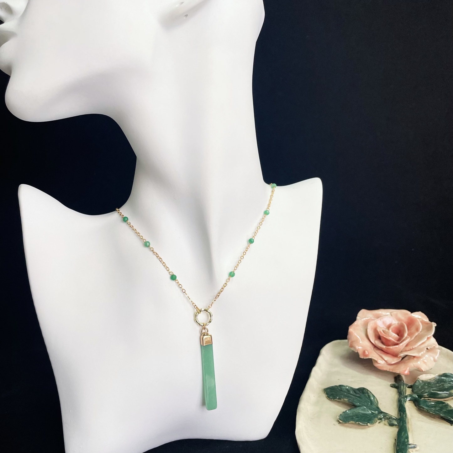 Aventurine Beads Chain Necklace with Long Rectangular Strip Pendant