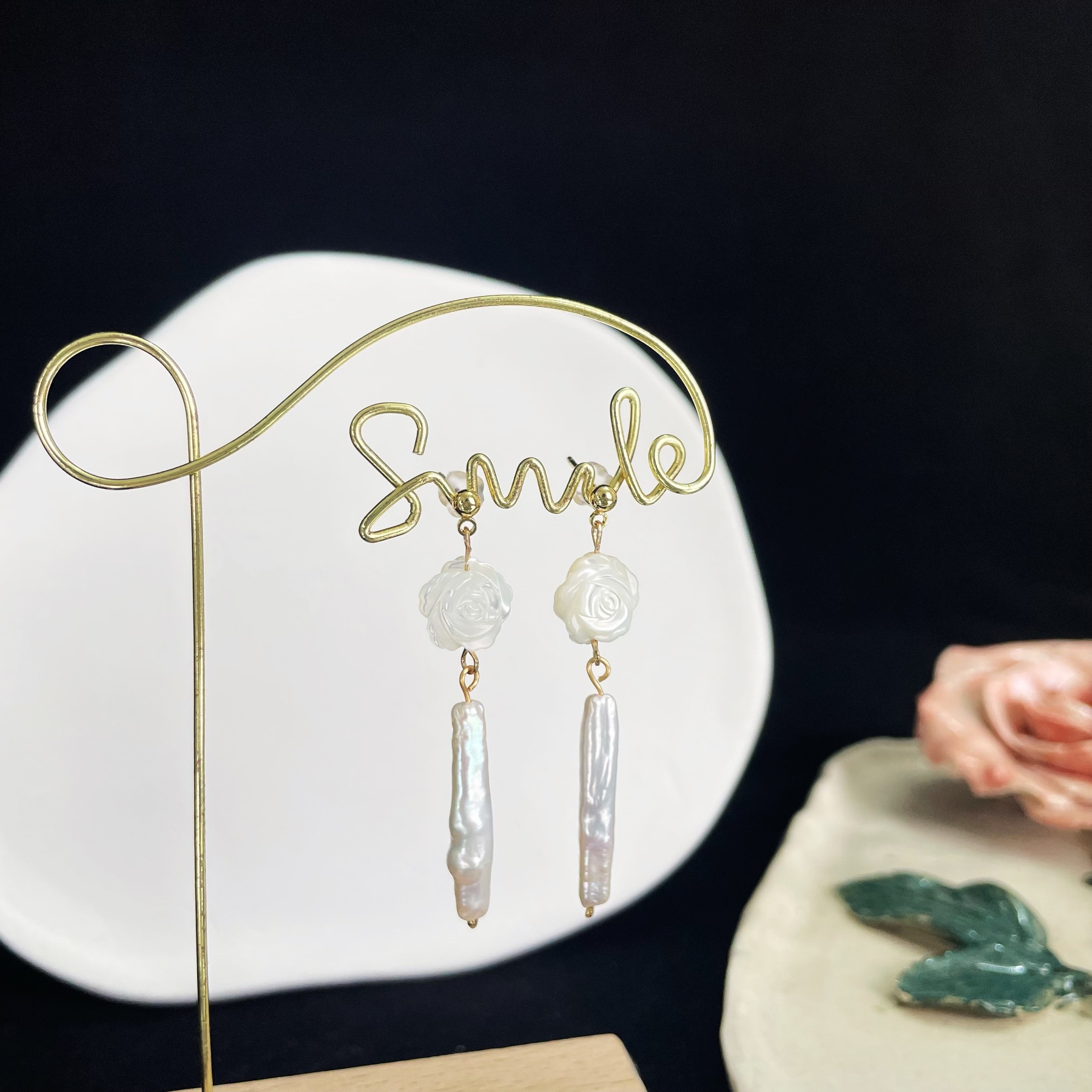 White Rose Earrings with Baroque Freshwater Pearl Branch