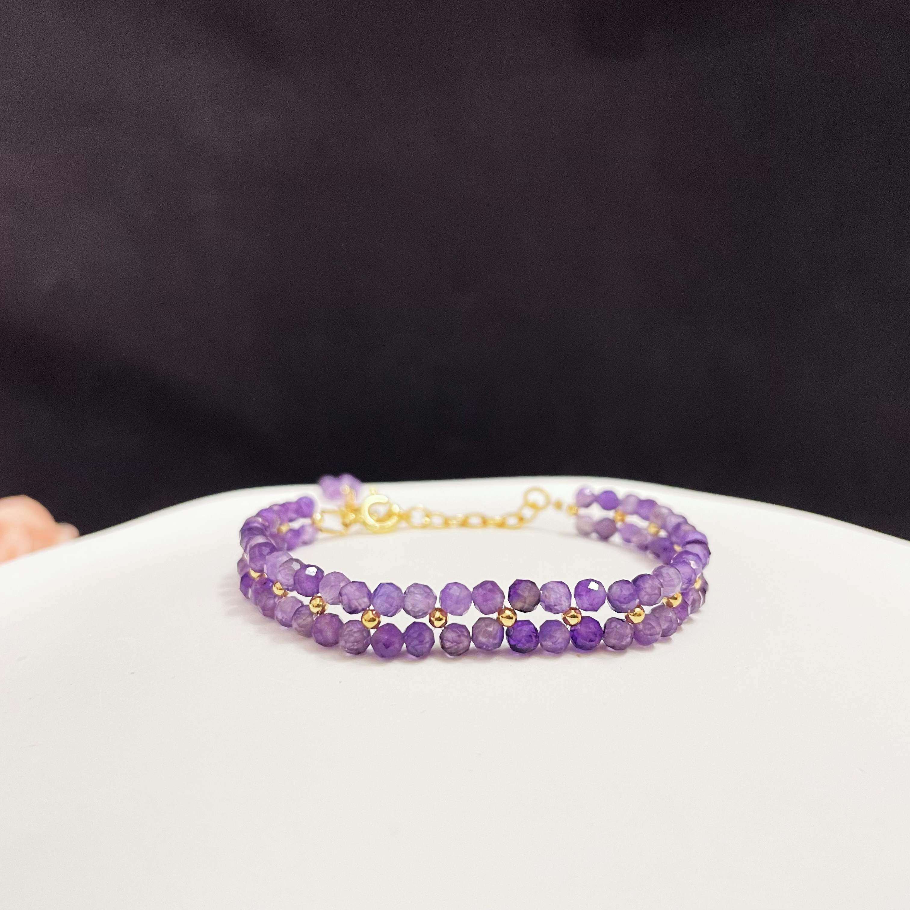 Double-Layer Woven Amethyst and Clear Quartz Faced Beads Bracelet