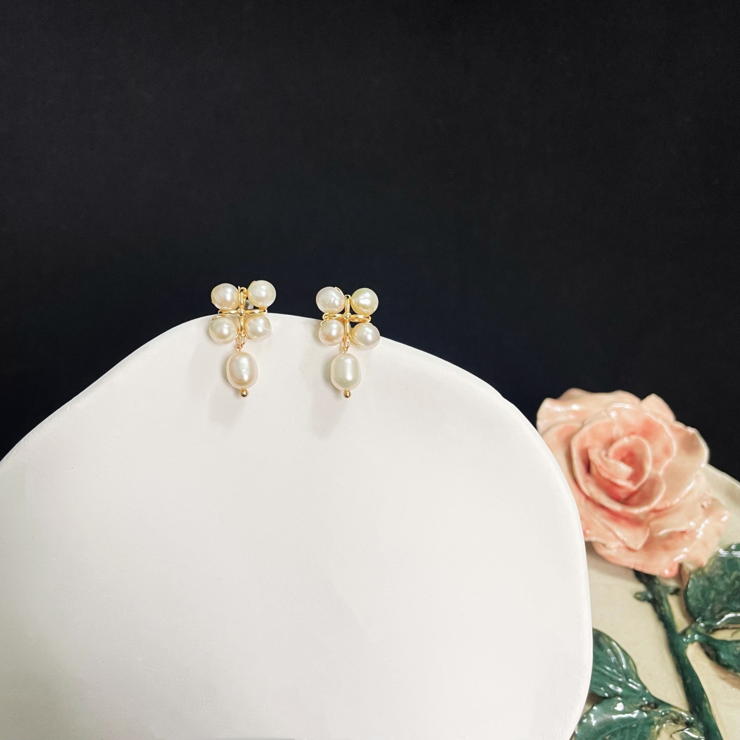 Four-Leaf Pearl Earring Studs with Water Drop Pearl Dangle 