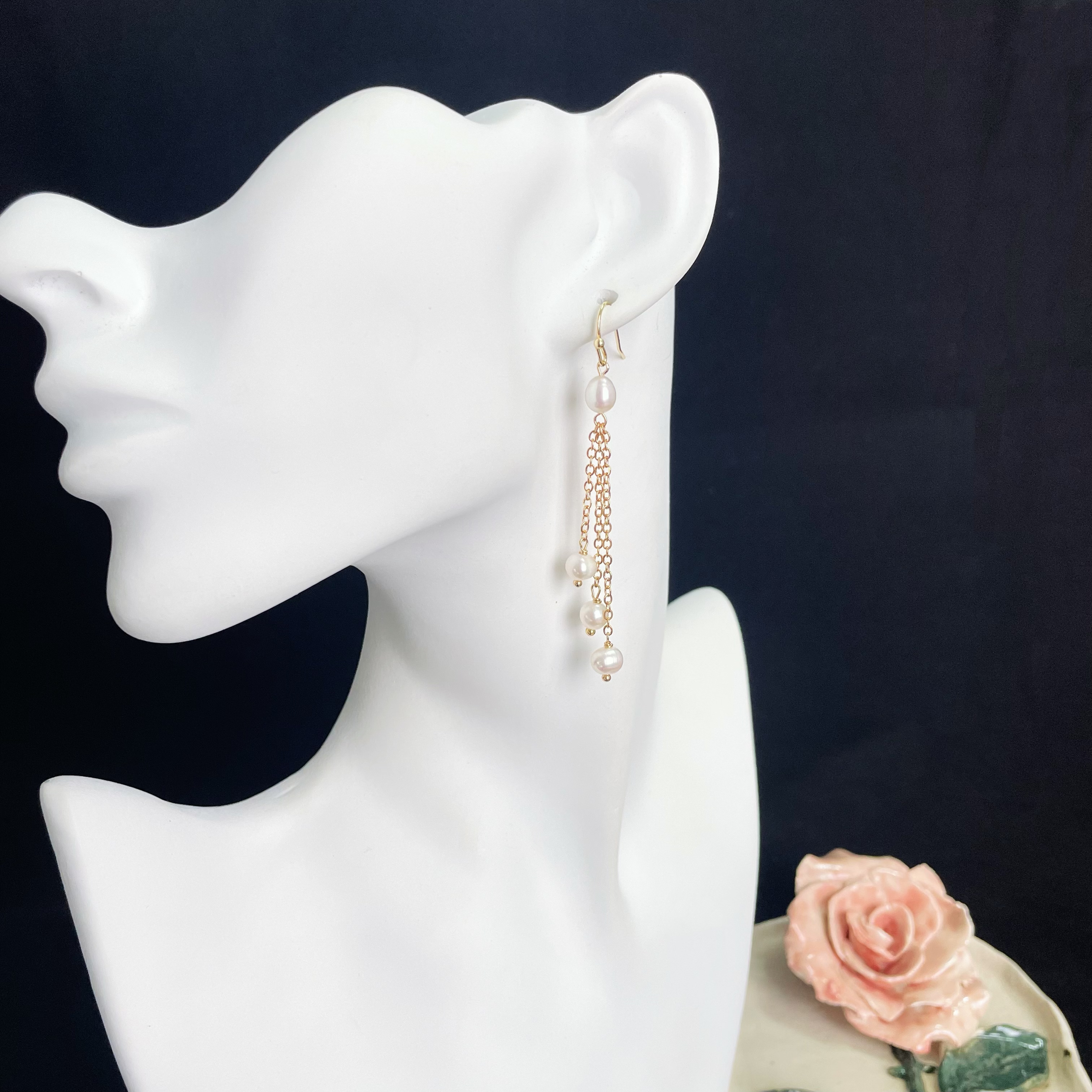 Triple Pearls Tassels Drop Earrings