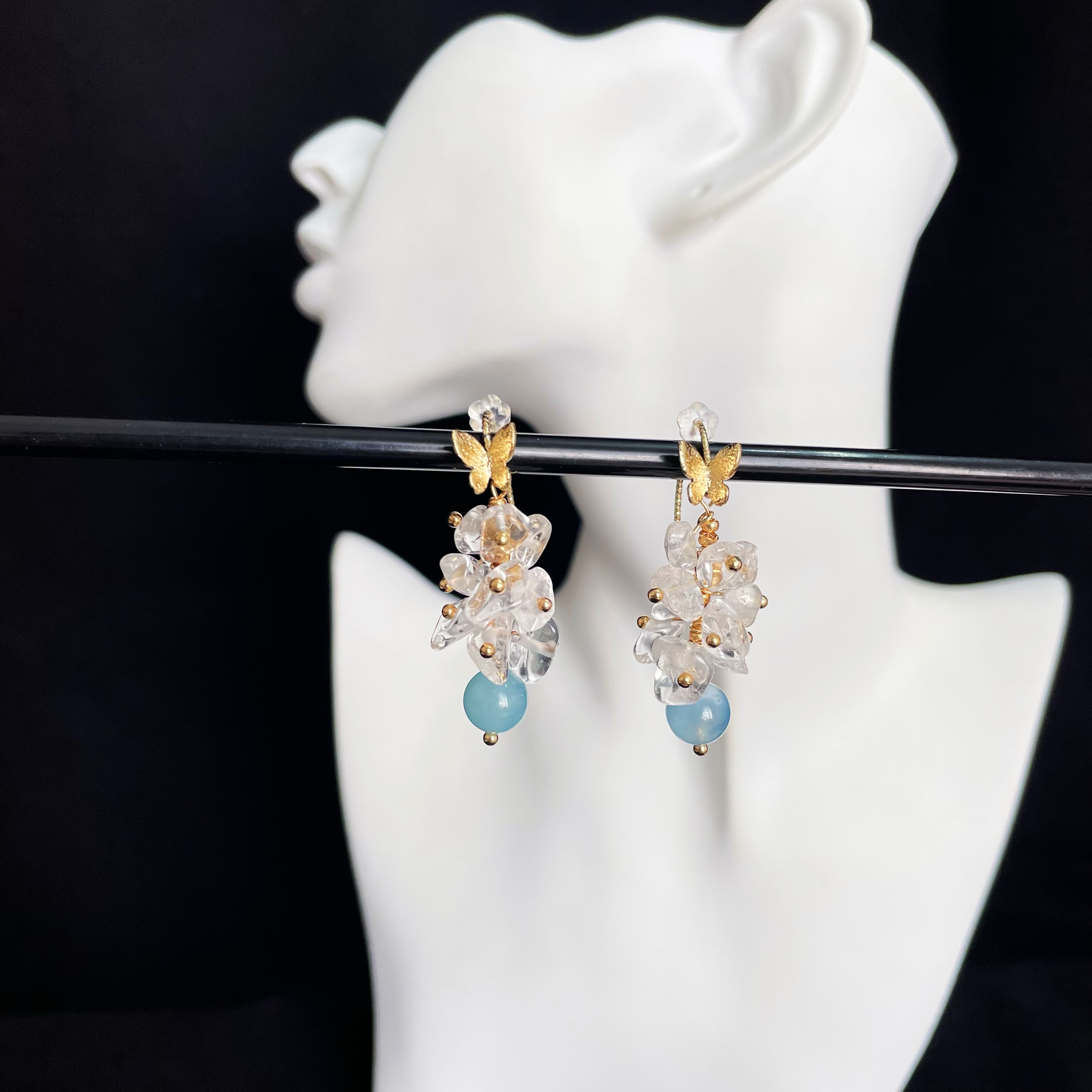 Gold Butterfly Earrings with Clear Quartz Grapes and Aquamarine Accent