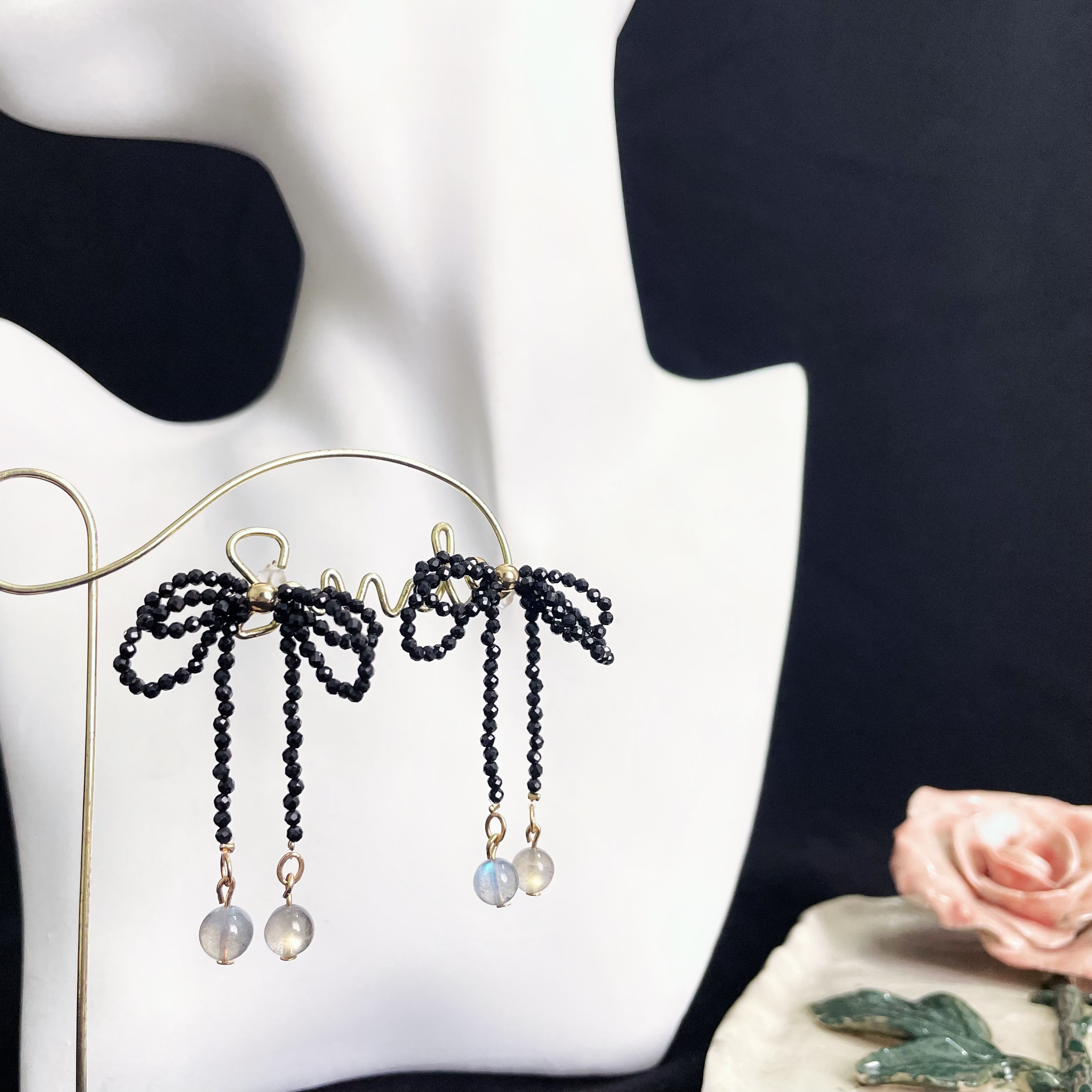 Black Spinel Bowknot Earrings with Labradorite Accent