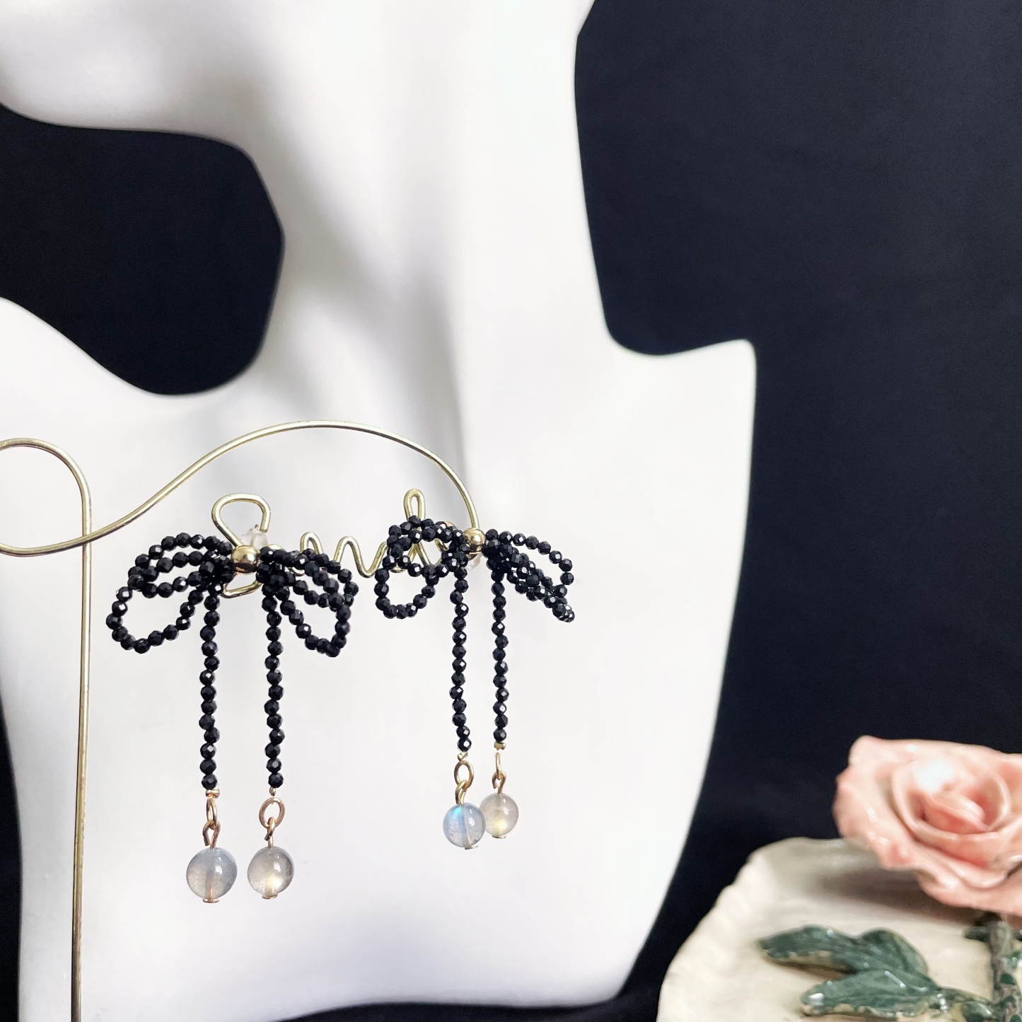 Black Spinel Bowknot Earrings with Labradorite Accent