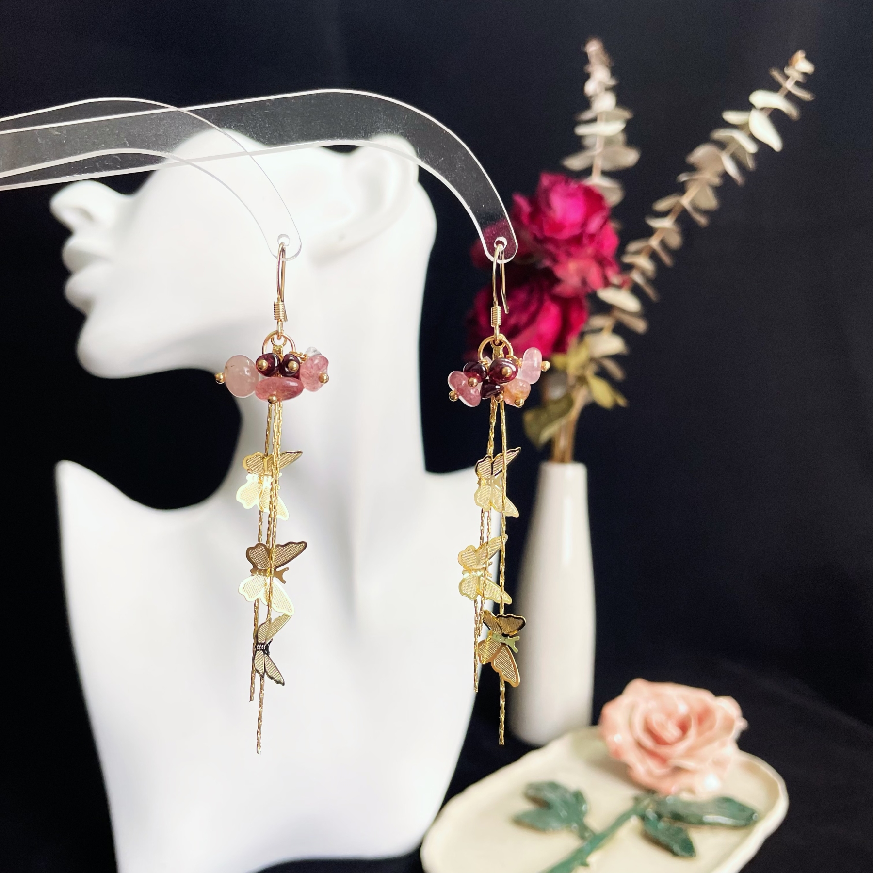 Enchanted Garden Earrings Pink Gemstone Flower with Gold Butterfly Tassels