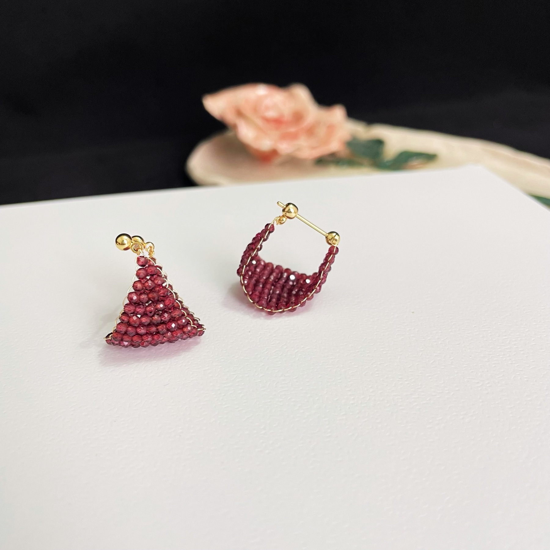 Wine Red Garnet Woven Boat Dangle Earrings