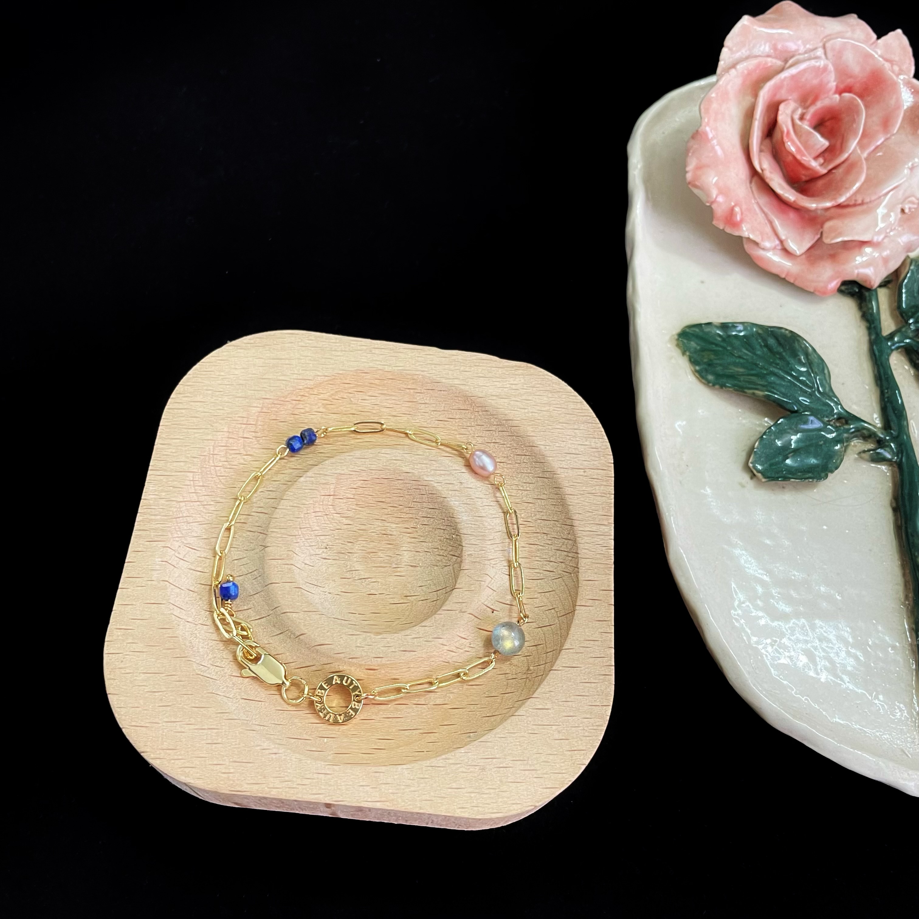 Labradorite, Lilac Purple Pearl, Lapis Lazuli, and 14k Gold-Plated Rectangle Chain Bracelet