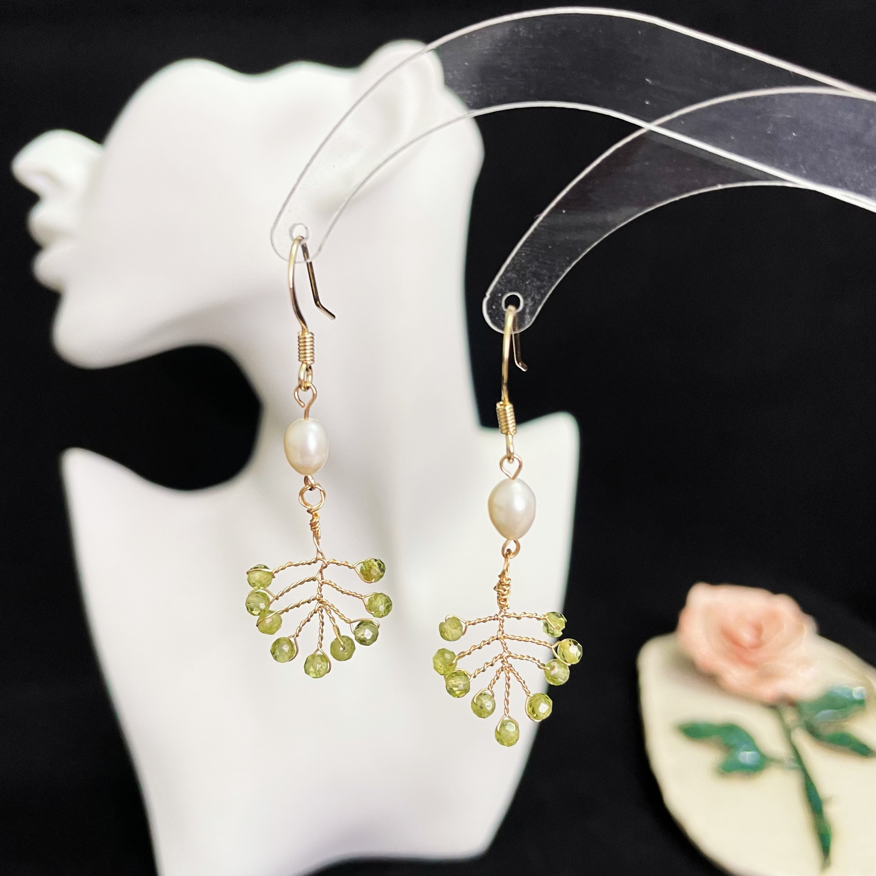 Peridot Leaf Drop Earrings Faceted Beads Wrapped in Gold Wire