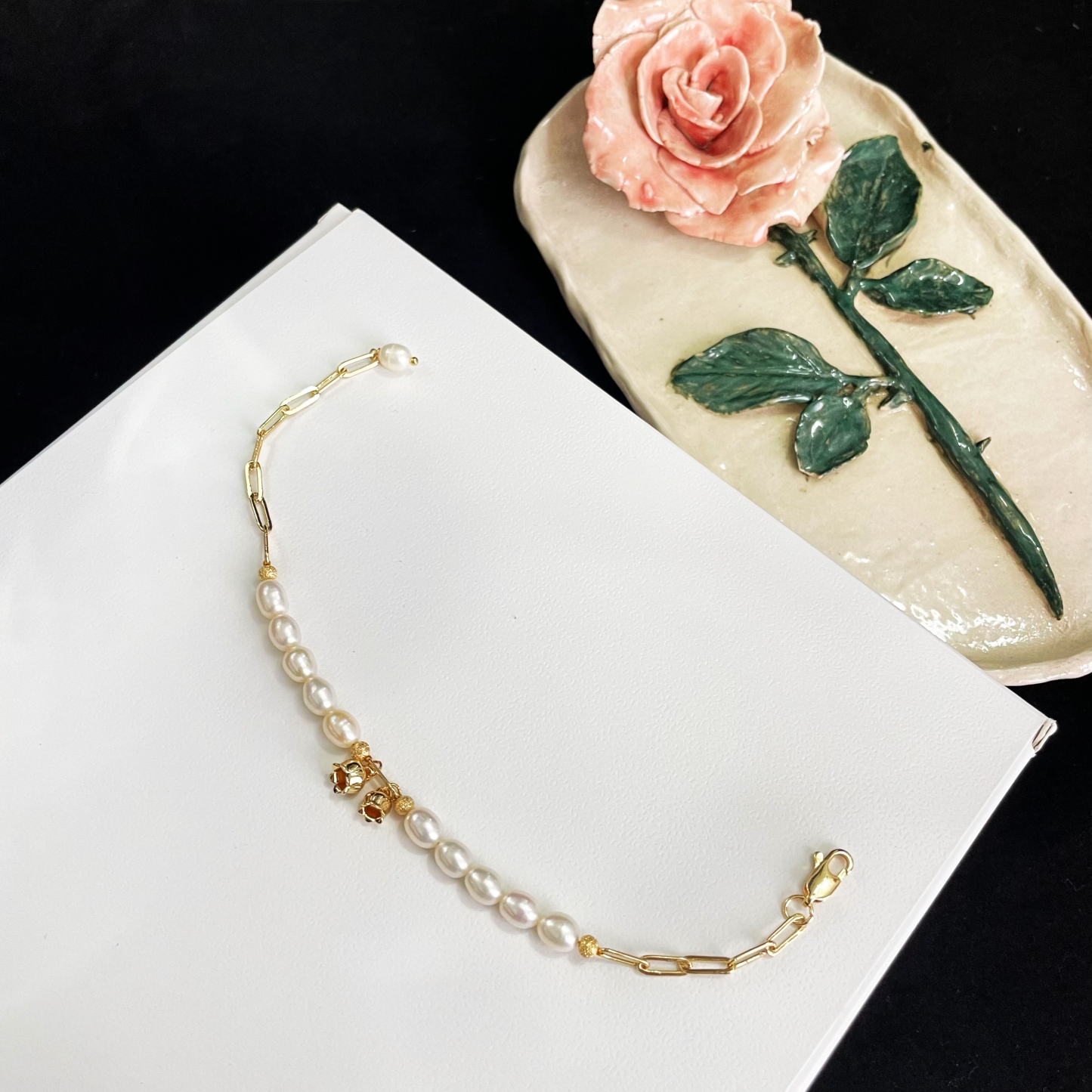 Pearls with Lily-of-the-Valley Paperclip Chain Bracelet