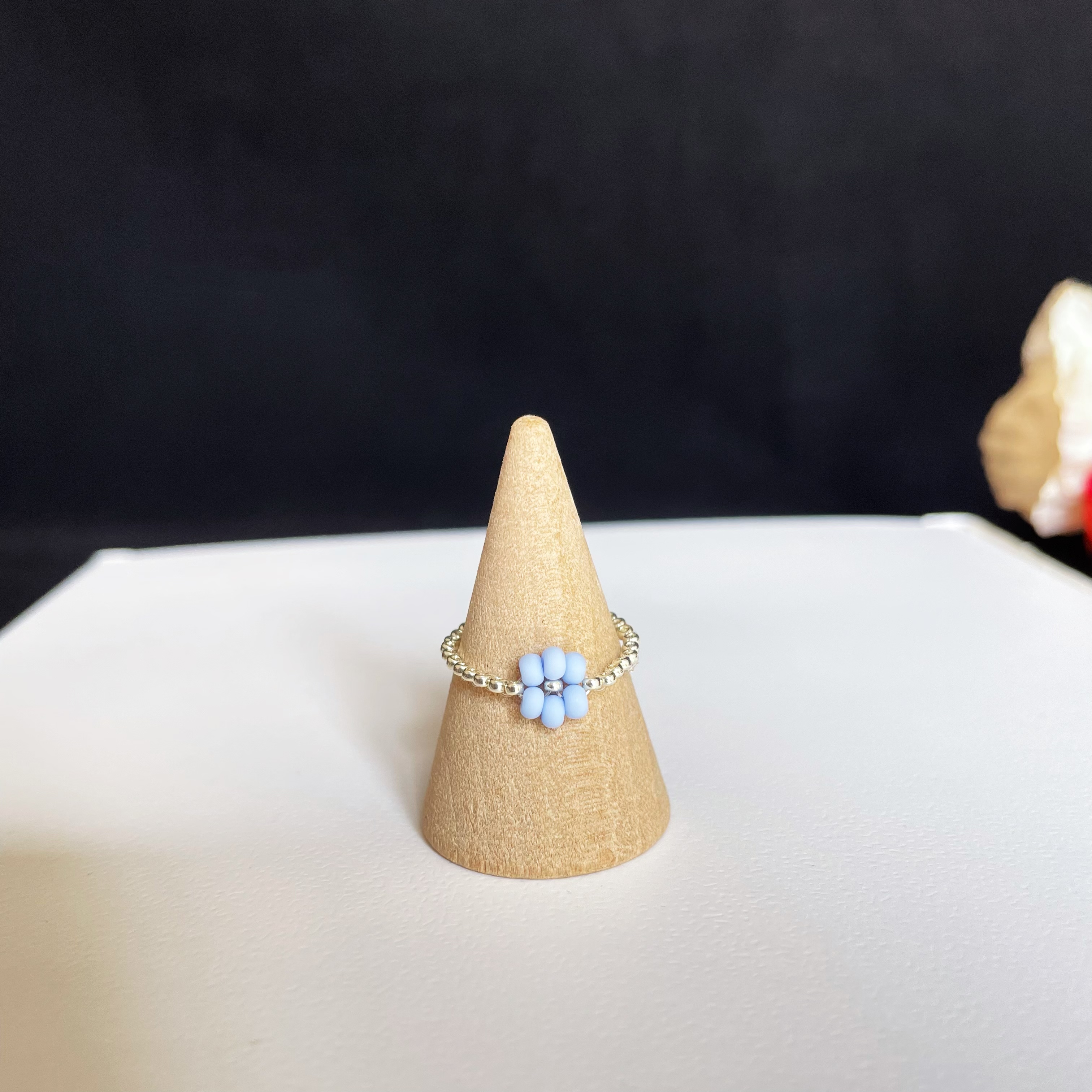 Creamy Blue Beaded Flower Ring