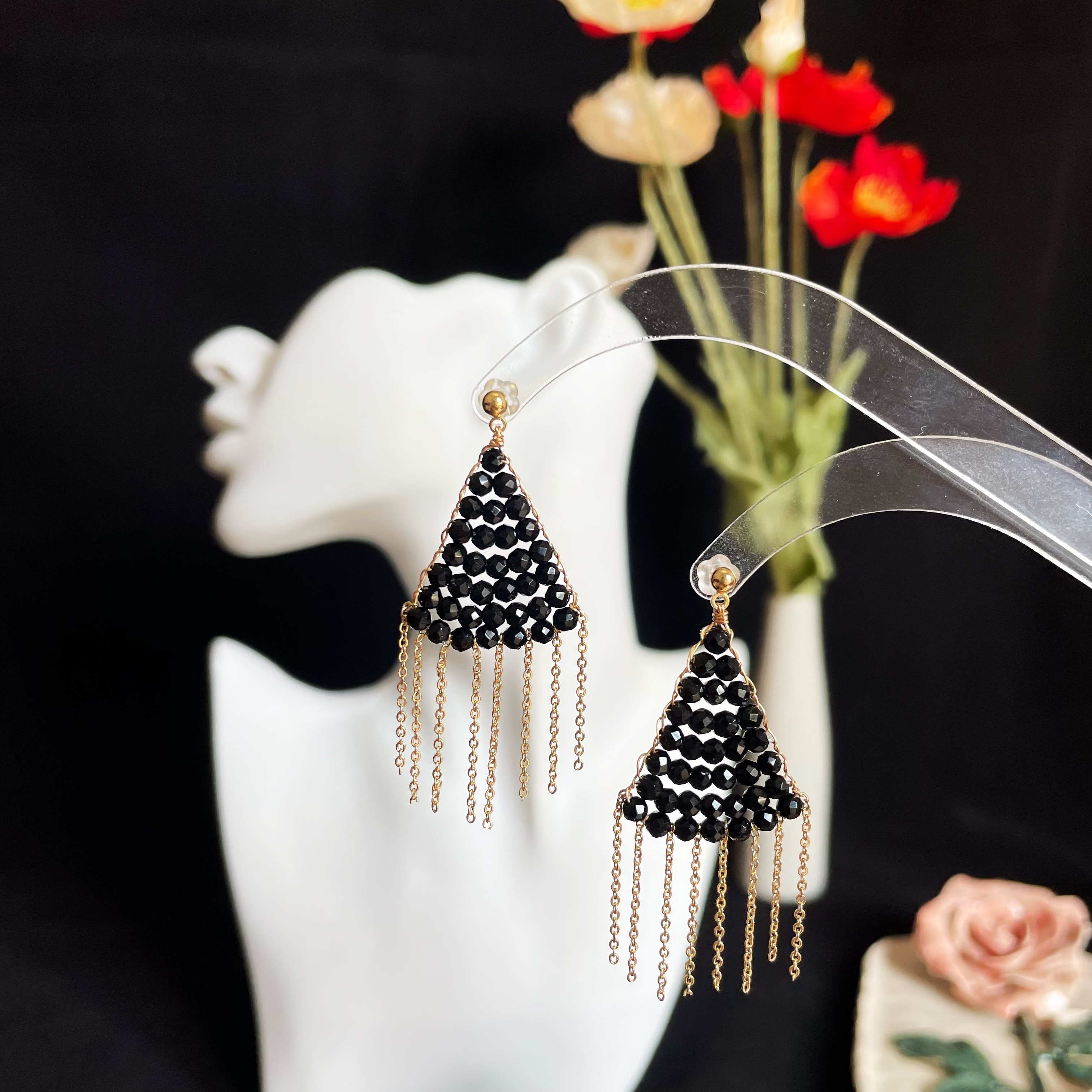 Black Spinel Faced Beads Woven Triangle Earrings with Gold Chain Tassels
