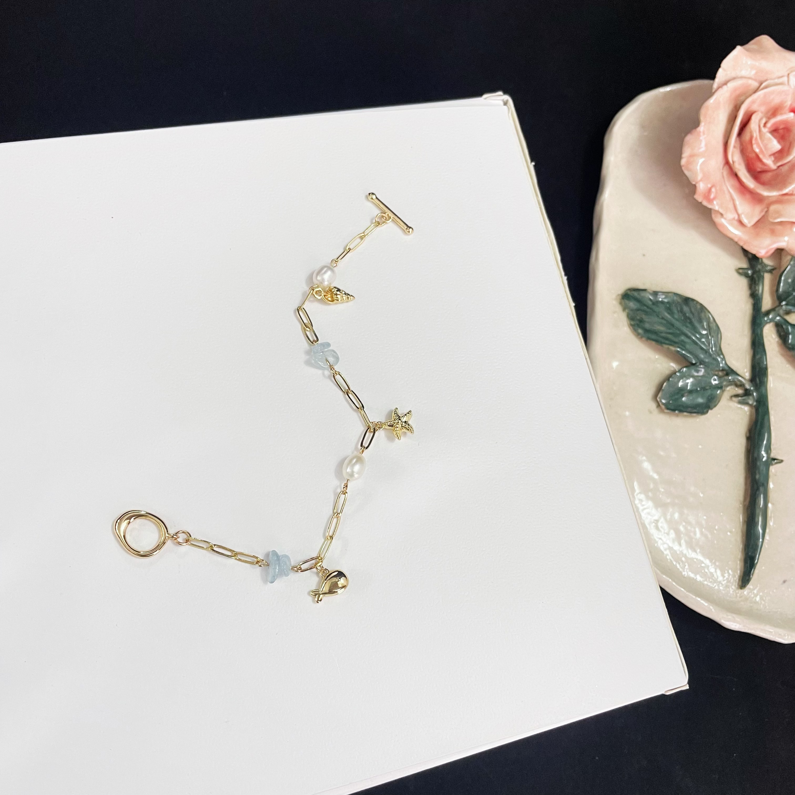 Marine Style Charm Bracelet with Paperclip Chain, Pearls, Aquamarine Beads, and Marine Organism Pendants