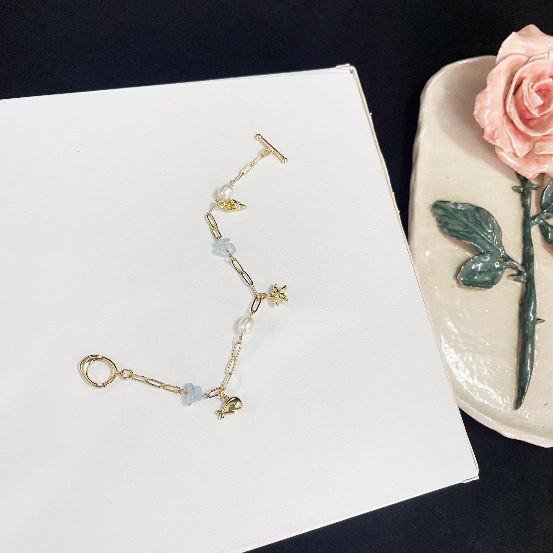 Marine Style Charm Bracelet with Paperclip Chain, Pearls, Aquamarine Beads, and Marine Organism Pendants