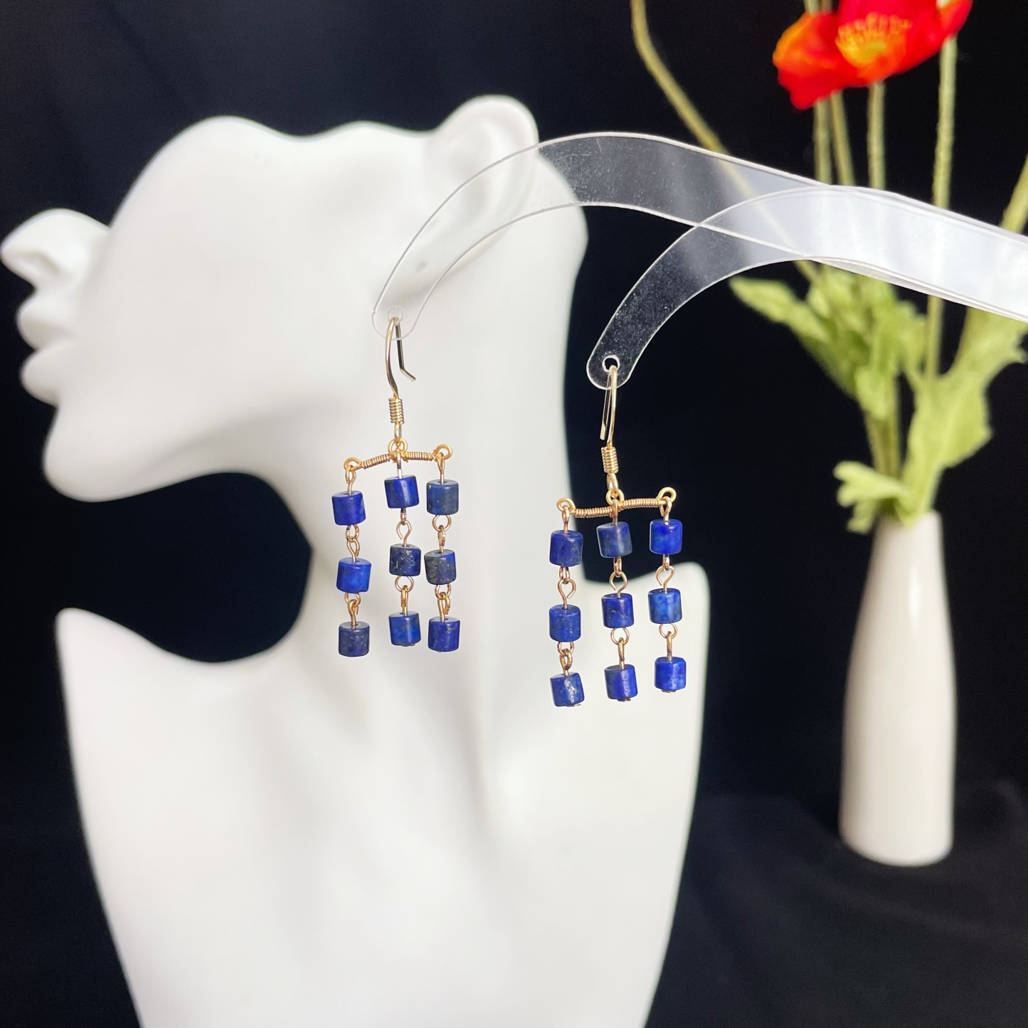  Triple Lapis Lazuli Tassel Earrings - Elegant Dark Blue Rain Design