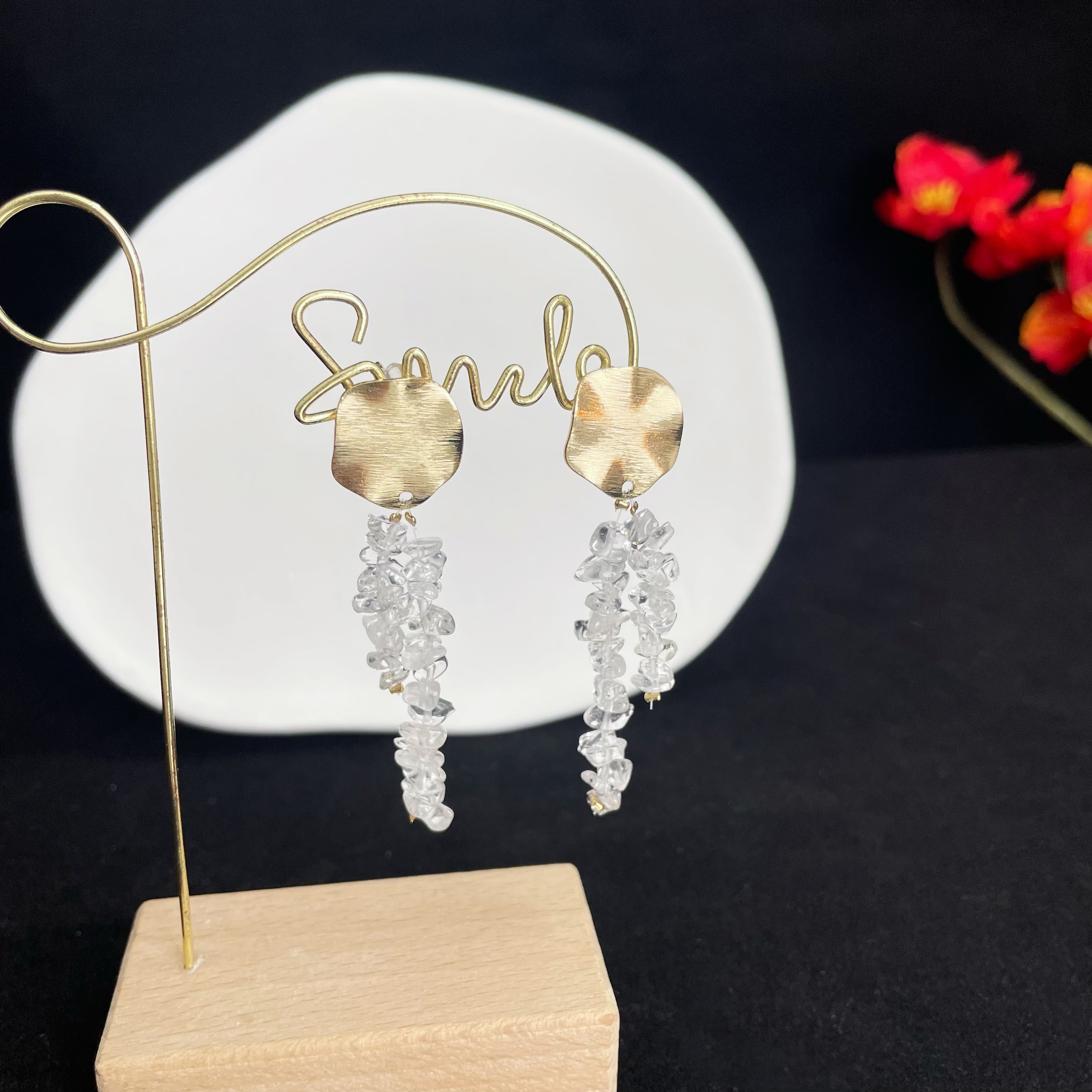 Clear Quartz Raw Stones Drop Earrings with Gold Wave Round Disc